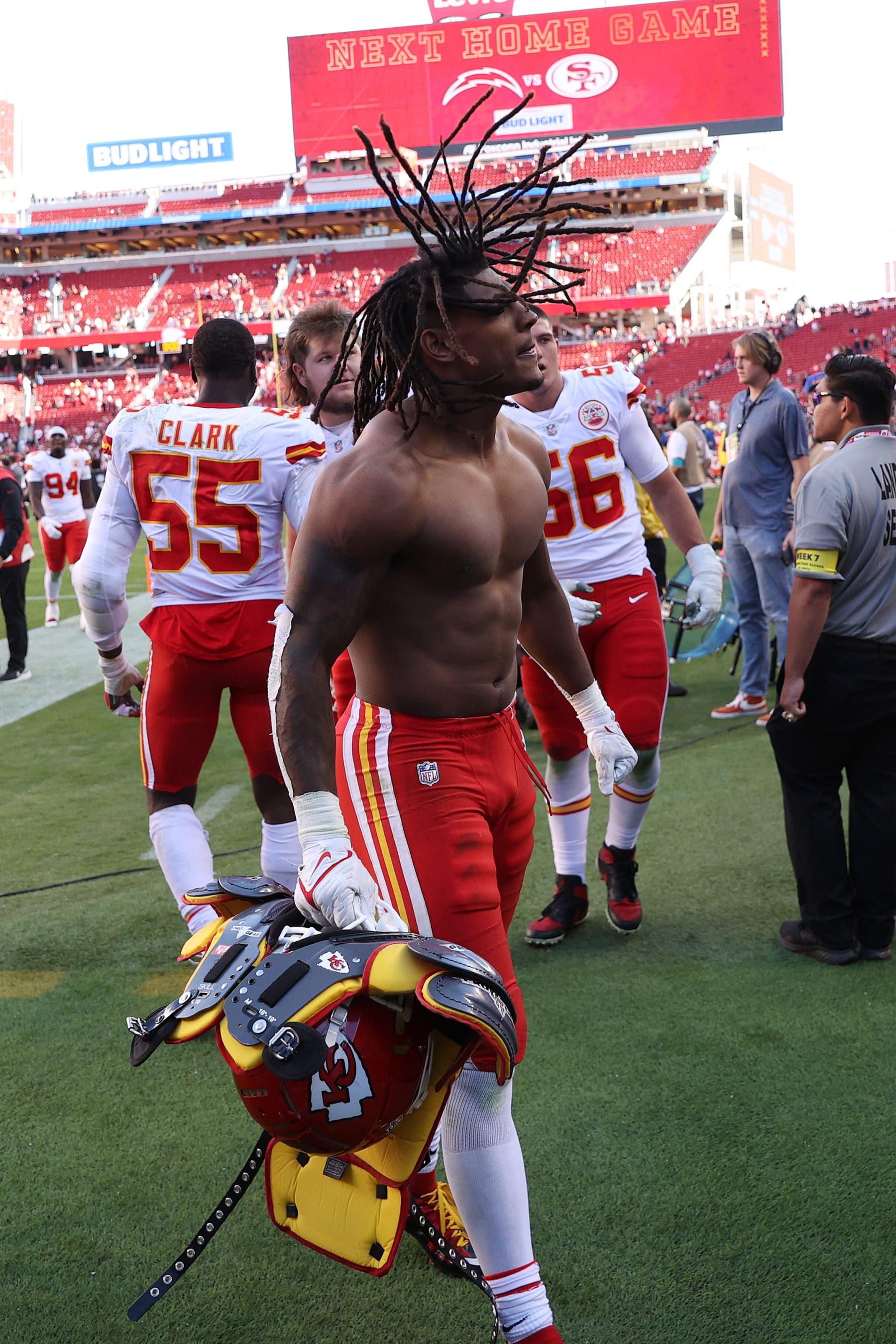 SANTA CLARA, CALIFORNIA - OCTOBER 23: Isiah Pacheco #10 of the Kansas City Chiefs celebrates after defeating the San Francisco 49ers at Levi's Stadium on October 23, 2022 in Santa Clara, California. (Photo by Ezra Shaw/Getty Images)
