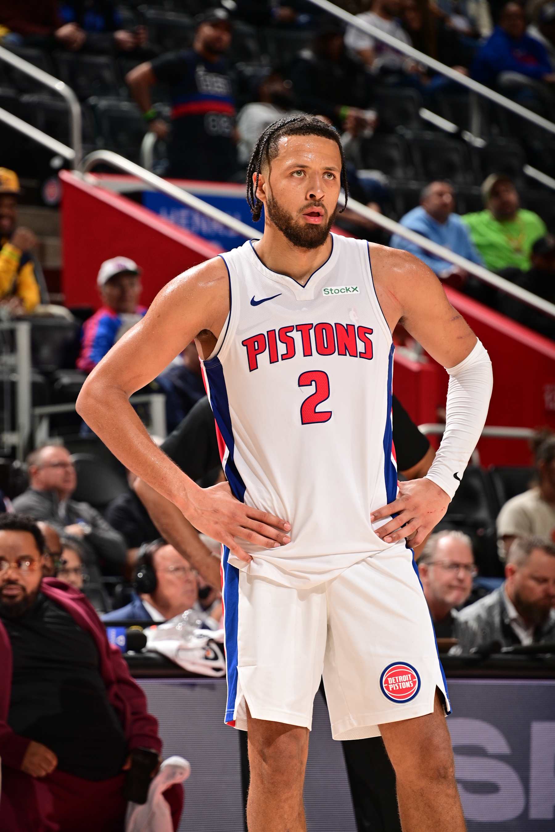 DETROIT, MI - OCTOBER 23: Cade Cunningham #2 of the Detroit Pistons looks on during the game against the Indiana Pacers on October 23, 2024 at Little Caesars Arena in Detroit, Michigan. NOTE TO USER: User expressly acknowledges and agrees that, by downloading and/or using this photograph, User is consenting to the terms and conditions of the Getty Images License Agreement. Mandatory Copyright Notice: Copyright 2024 NBAE (Photo by Chris Schwegler/NBAE via Getty Images)