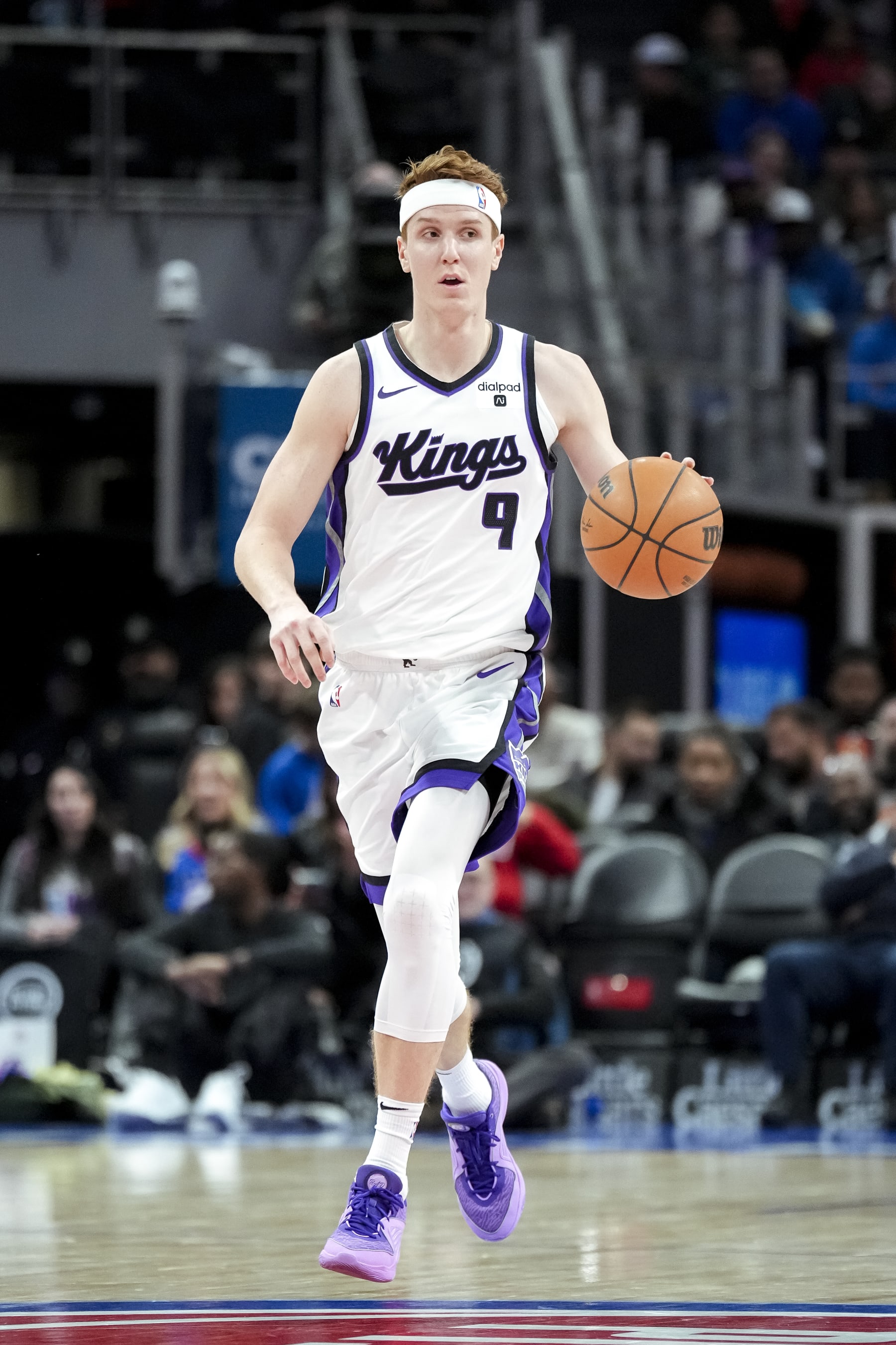 DETROIT, MICHIGAN - JANUARY 09: Kevin Huerter #9 of the Sacramento Kings handles the ball against the Detroit Pistons at Little Caesars Arena on January 09, 2024 in Detroit, Michigan. NOTE TO USER: User expressly acknowledges and agrees that, by downloading and or using this photograph, User is consenting to the terms and conditions of the Getty Images License Agreement. (Photo by Nic Antaya/Getty Images)