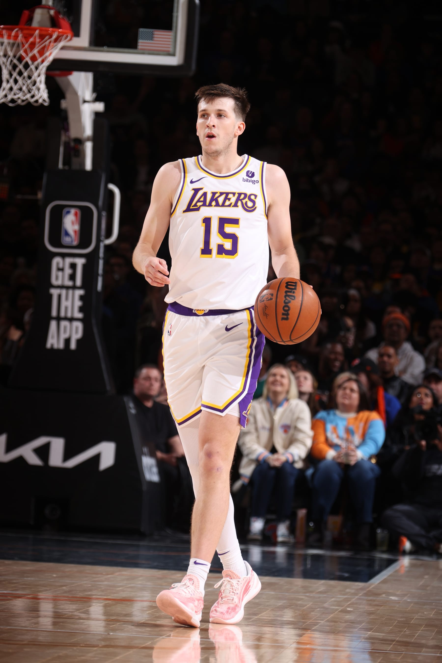 NEW YORK, NY - FEBRUARY 3: Austin Reaves #15 of the Los Angeles Lakers dribbles the ball during the game against the New York Knicks on February 3, 2024 at Madison Square Garden in New York City, New York.  NOTE TO USER: User expressly acknowledges and agrees that, by downloading and or using this photograph, User is consenting to the terms and conditions of the Getty Images License Agreement. Mandatory Copyright Notice: Copyright 2024 NBAE  (Photo by Nathaniel S. Butler/NBAE via Getty Images)