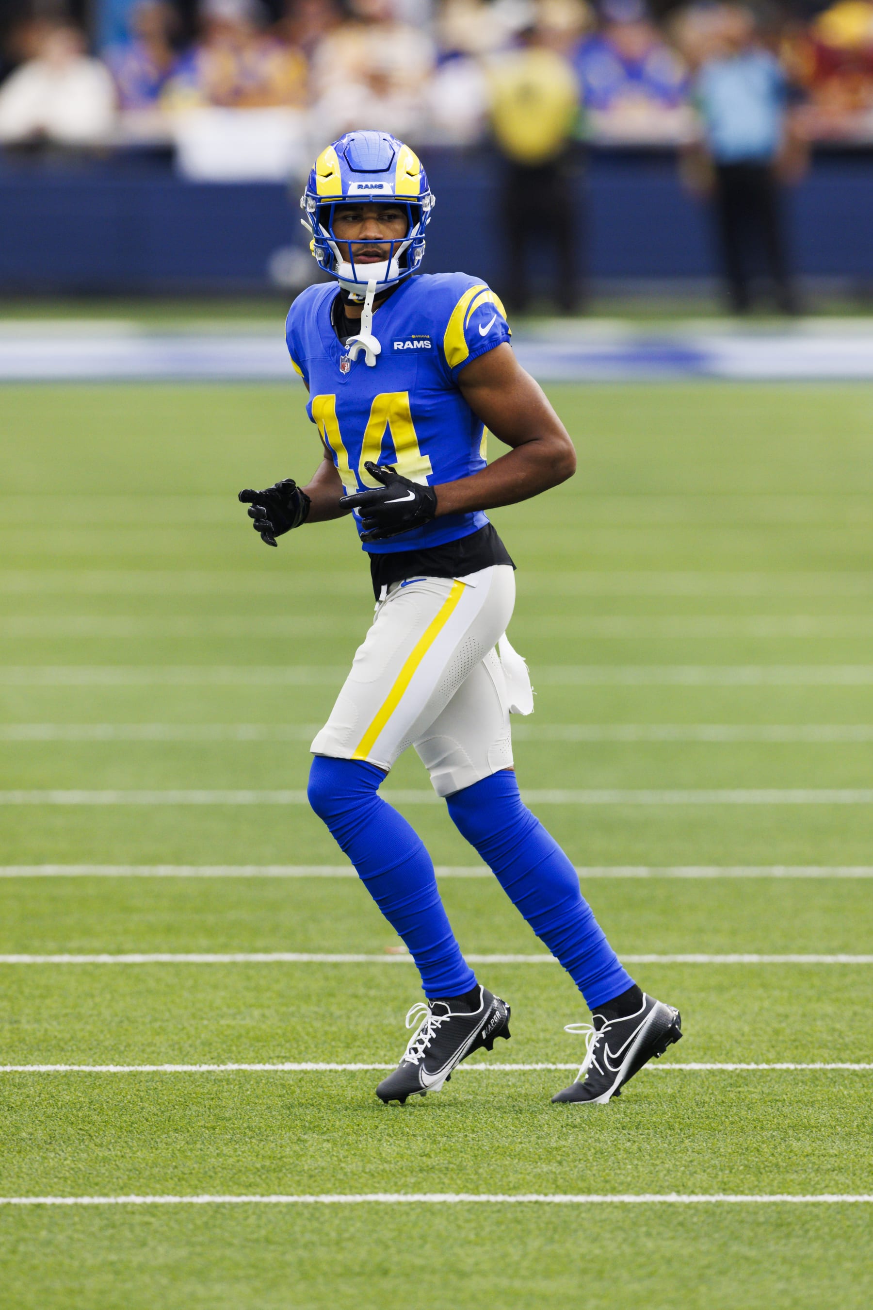INGLEWOOD, CALIFORNIA - DECEMBER 17: Ahkello Witherspoon #44 of the Los Angeles Rams defends during a game against the Washington Commanders at SoFi Stadium on December 17, 2023 in Inglewood, California. (Photo by Ric Tapia/Getty Images)