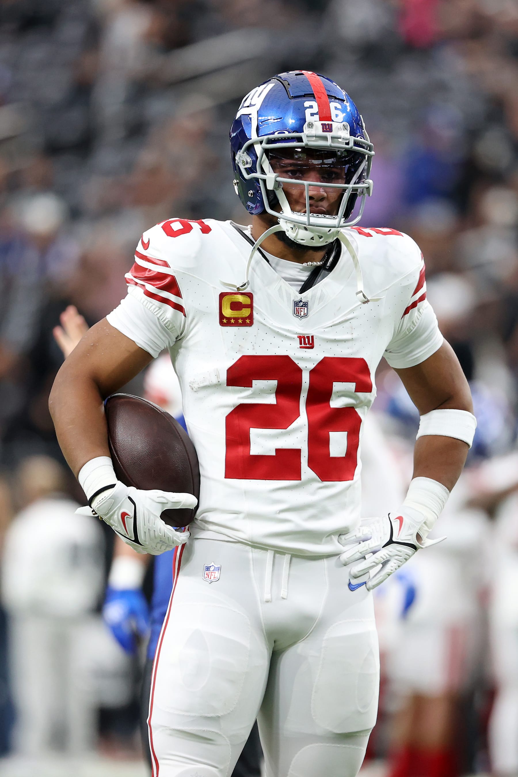 LAS VEGAS, NEVADA - NOVEMBER 05: Saquon Barkley #26 of the New York Giants looks on before a game against the Las Vegas Raiders at Allegiant Stadium on November 05, 2023 in Las Vegas, Nevada. (Photo by Ian Maule/Getty Images)