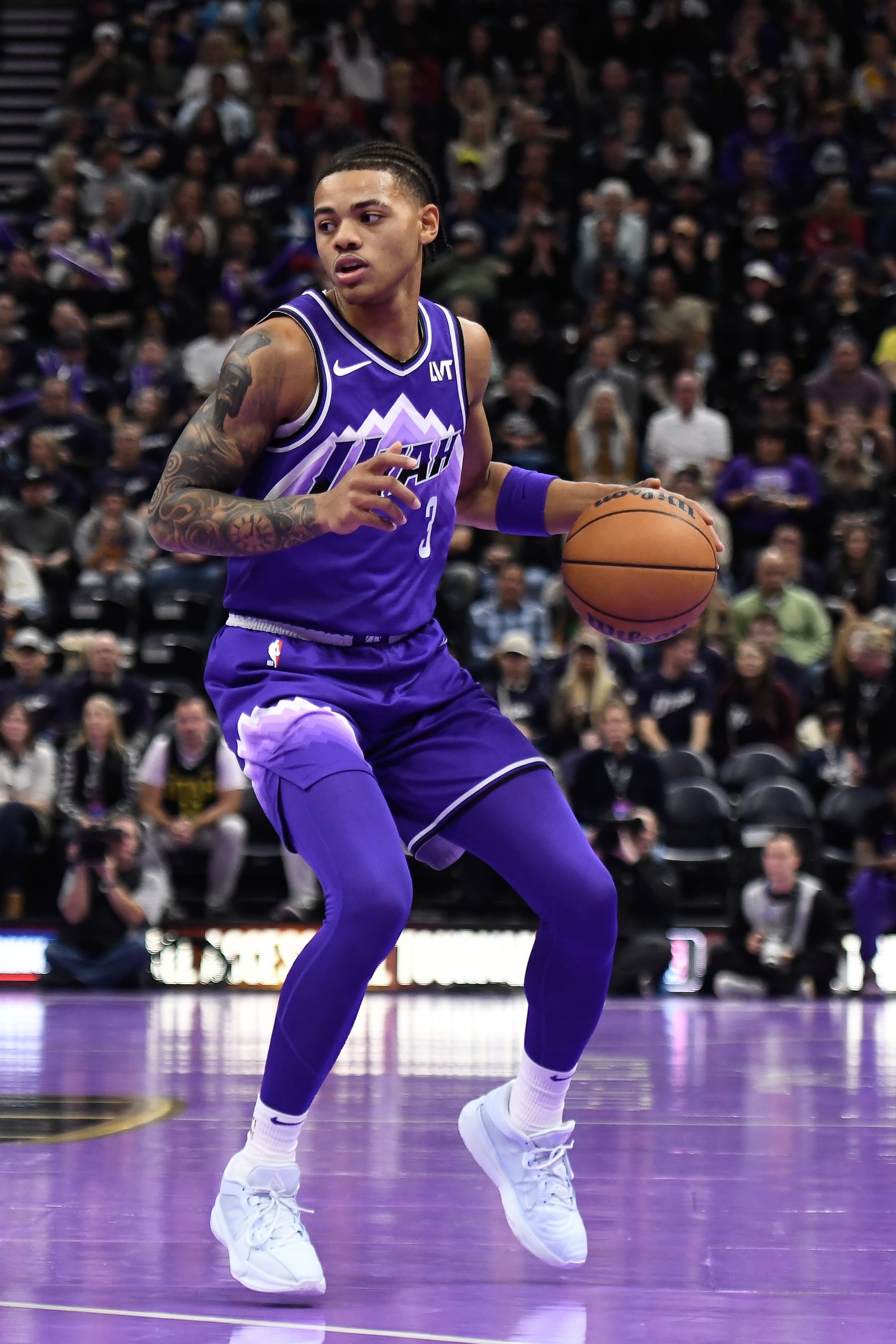 SALT LAKE CITY, UTAH - NOVEMBER 17: Keyonte George #3 of the Utah Jazz in action during the first half of an NBA In-Season Tournament game against the Phoenix Suns at Delta Center on November 17, 2023 in Salt Lake City, Utah. NOTE TO USER: User expressly acknowledges and agrees that, by downloading and or using this photograph, User is consenting to the terms and conditions of the Getty Images License Agreement. (Photo by Alex Goodlett/Getty Images)