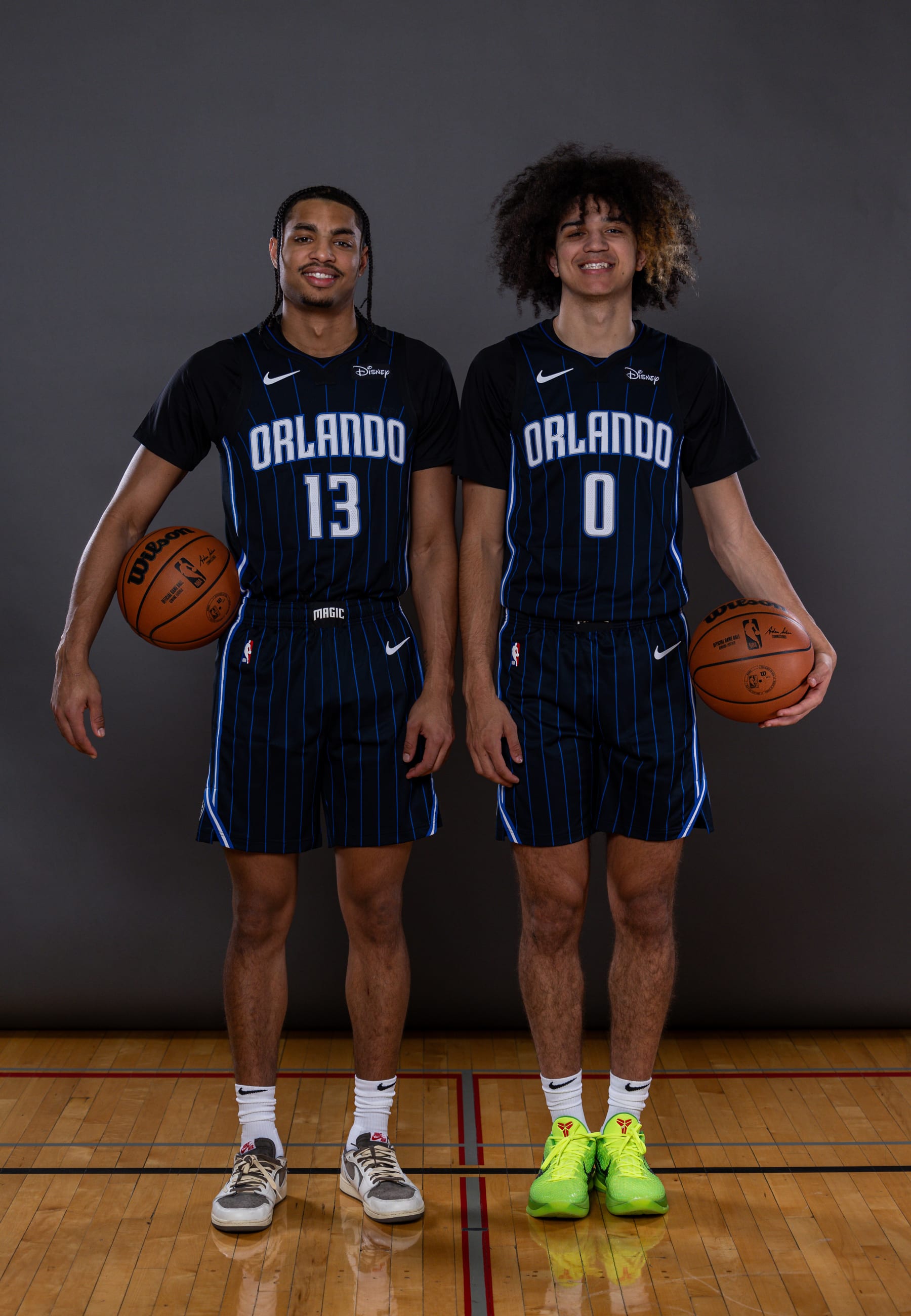 LAS VEGAS, NEVADA - JULY 14: Cam Whitmore #13 and Anthony Black #0 of the Orlando Magic pose for a portrait during the 2023 NBA rookie photo shoot at UNLV on July 14, 2023 in Las Vegas, Nevada. (Photo by Jamie Squire/Getty Images)