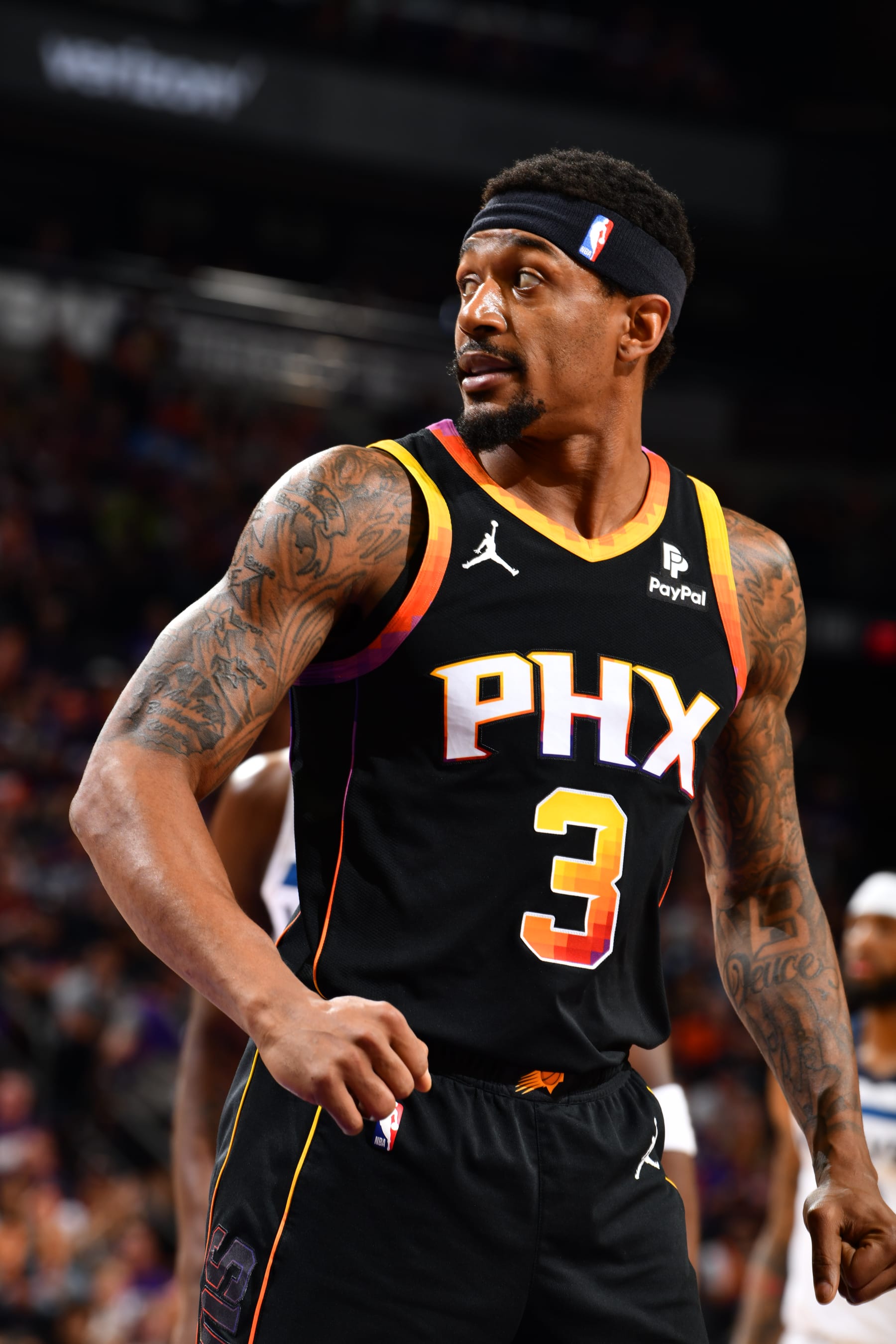 PHOENIX, AZ - APRIL 4: Bradley Beal #3 of the Phoenix Suns looks on during the game against the Minnesota Timberwolves during Round 1 Game 4 of the 2024 NBA Playoffs on April 4, 2023 at Footprint Center in Phoenix, Arizona. NOTE TO USER: User expressly acknowledges and agrees that, by downloading and or using this photograph, user is consenting to the terms and conditions of the Getty Images License Agreement. Mandatory Copyright Notice: Copyright 2024 NBAE (Photo by Barry Gossage/NBAE via Getty Images)