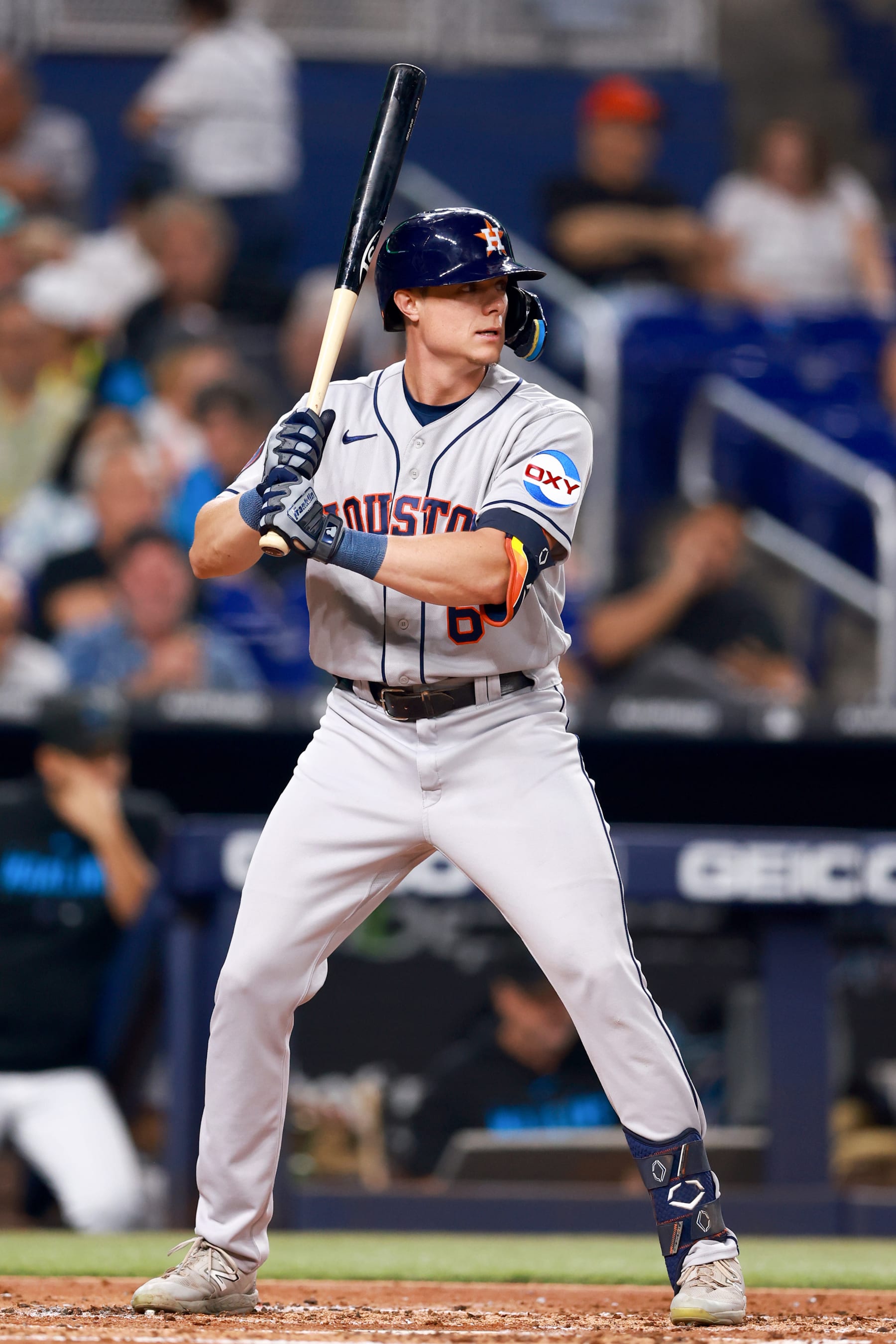 MIAMI, FLORIDA - AUGUST 15: Jake Meyers #6 of the Houston Astros at bat against the Miami Marlins during the third inning at loanDepot park on August 15, 2023 in Miami, Florida. (Photo by Megan Briggs/Getty Images)