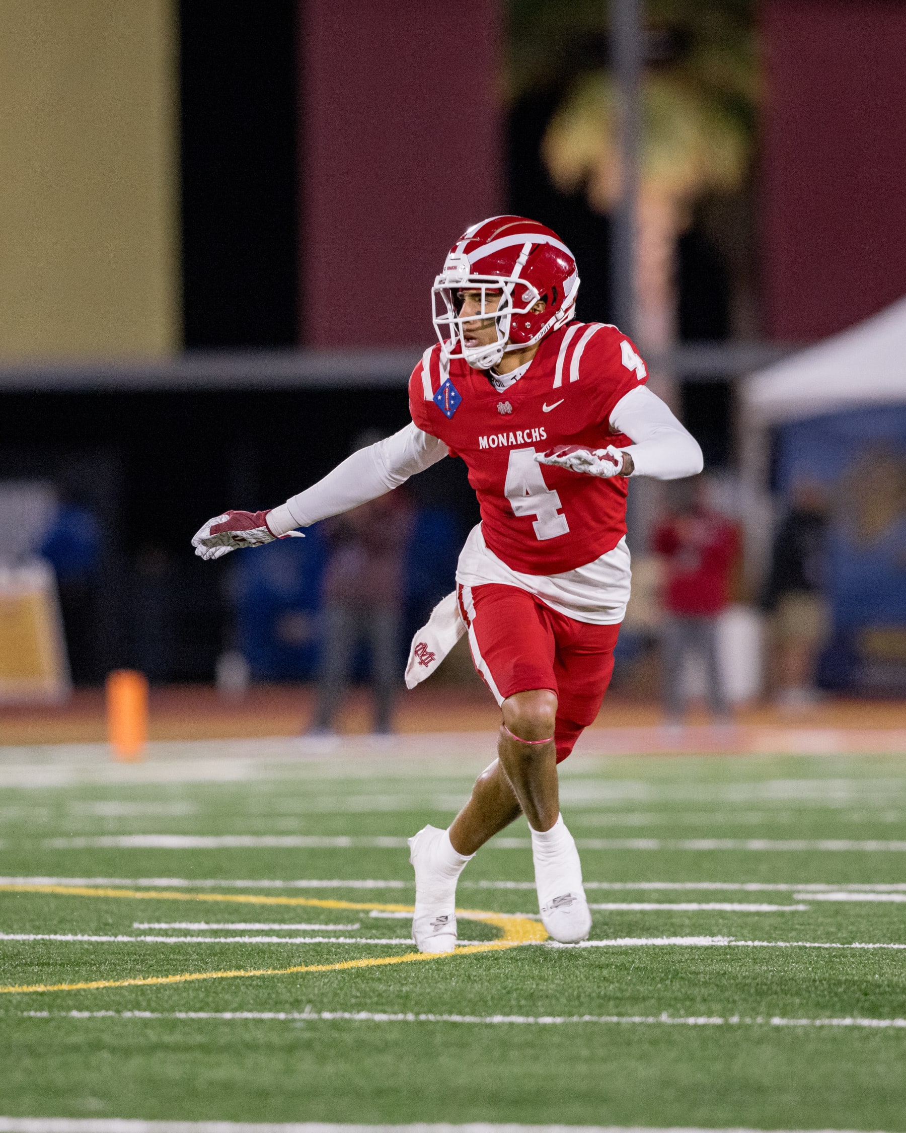 MISSION VIEJO, CA - DECEMBER 9: Cornerback Zabien Brown #4 of the Mater Dei Monarchs looks to make a play during the CIF State Division Open Division Championship Game against the Serra Padres at Saddleback College Stadium on December 9, 2023 in Mission Viejo, California. (Photo by Aubrey Lao/Getty Images)