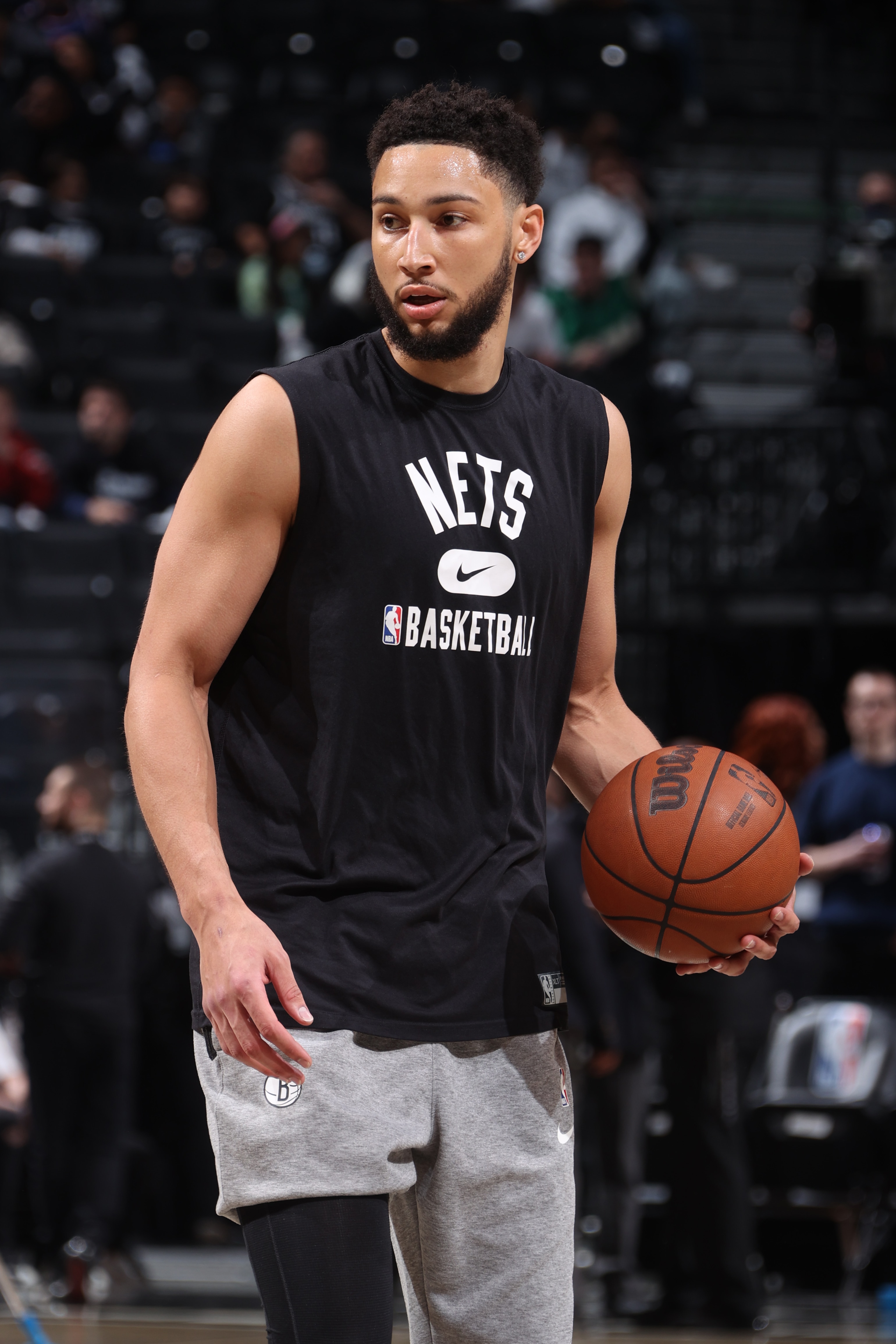 BROOKLYN, NY - APRIL 23: Ben Simmons #10 of the Brooklyn Nets looks on before the game against the Boston Celtics during Round 1 Game 3 of the 2022 NBA Playoffs on April 23, 2022 at Barclays Center in Brooklyn, New York. NOTE TO USER: User expressly acknowledges and agrees that, by downloading and or using this Photograph, user is consenting to the terms and conditions of the Getty Images License Agreement. Mandatory Copyright Notice: Copyright 2022 NBAE (Photo by Nathaniel S. Butler/NBAE via Getty Images)