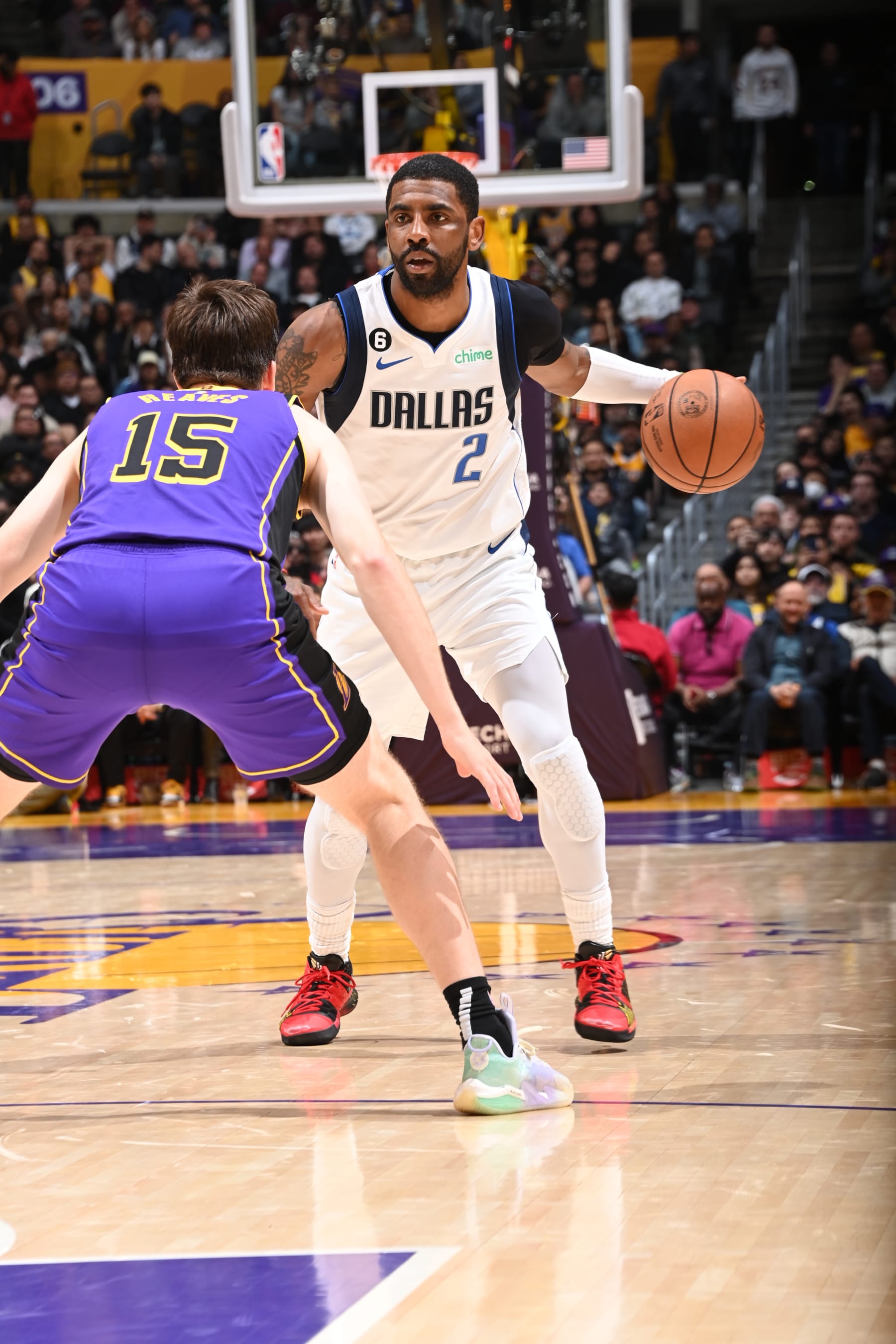 LOS ANGELES, CA - MARCH 17: Kyrie Irving #2 of the Dallas Mavericks dribbles the ball during the game against the Los Angeles Lakers on March 17, 2023 at Crypto.Com Arena in Los Angeles, California. NOTE TO USER: User expressly acknowledges and agrees that, by downloading and/or using this Photograph, user is consenting to the terms and conditions of the Getty Images License Agreement. Mandatory Copyright Notice: Copyright 2023 NBAE (Photo by Andrew D. Bernstein/NBAE via Getty Images)