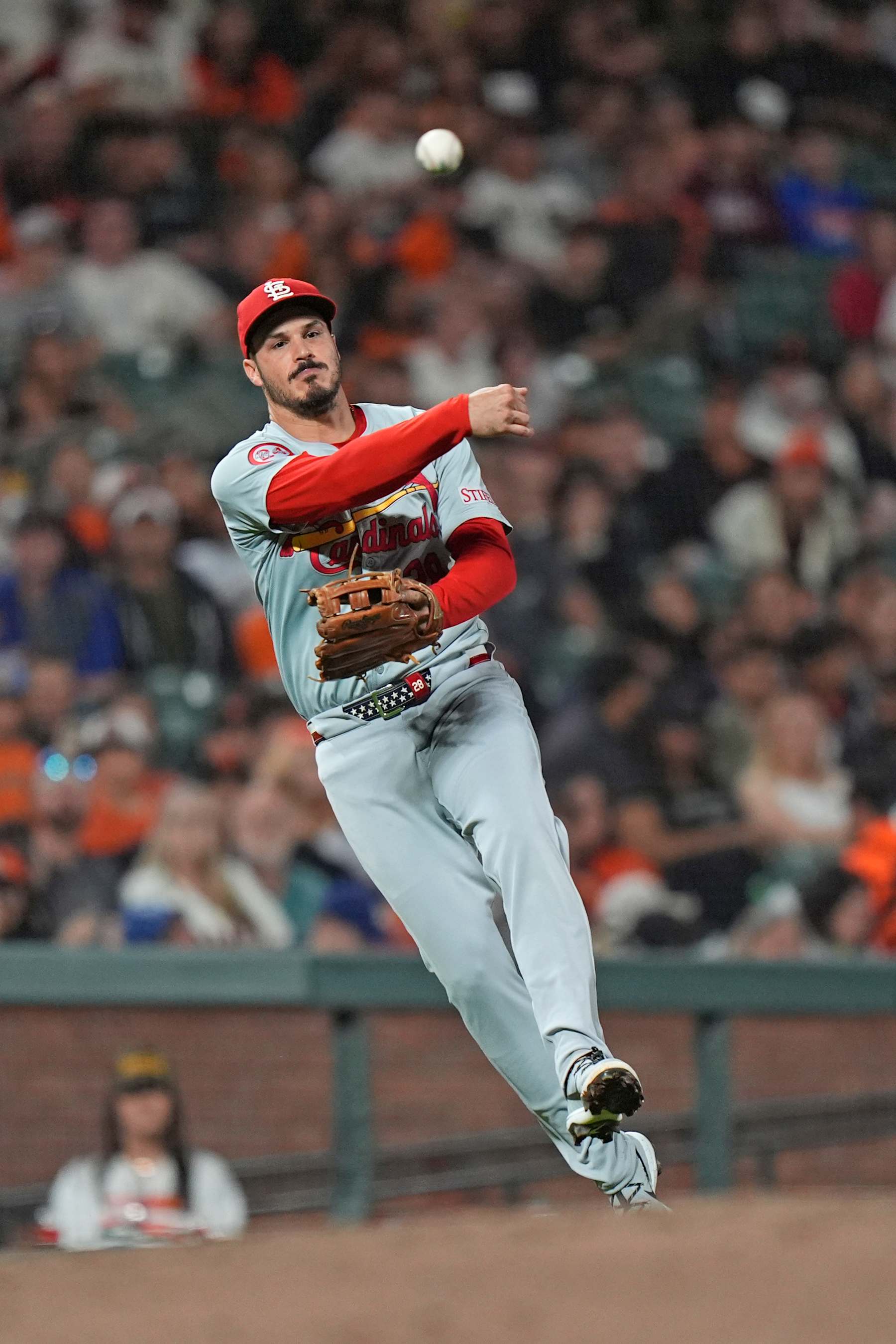 SAN FRANCISCO, CALIFORNIA - SEPTEMBER 27: Nolan Arenado #28 of the St. Louis Cardinals throws for an out at Oracle Park on September 27, 2024 in San Francisco, California. (Photo by Andy Kuno/San Francisco Giants/Getty Images)