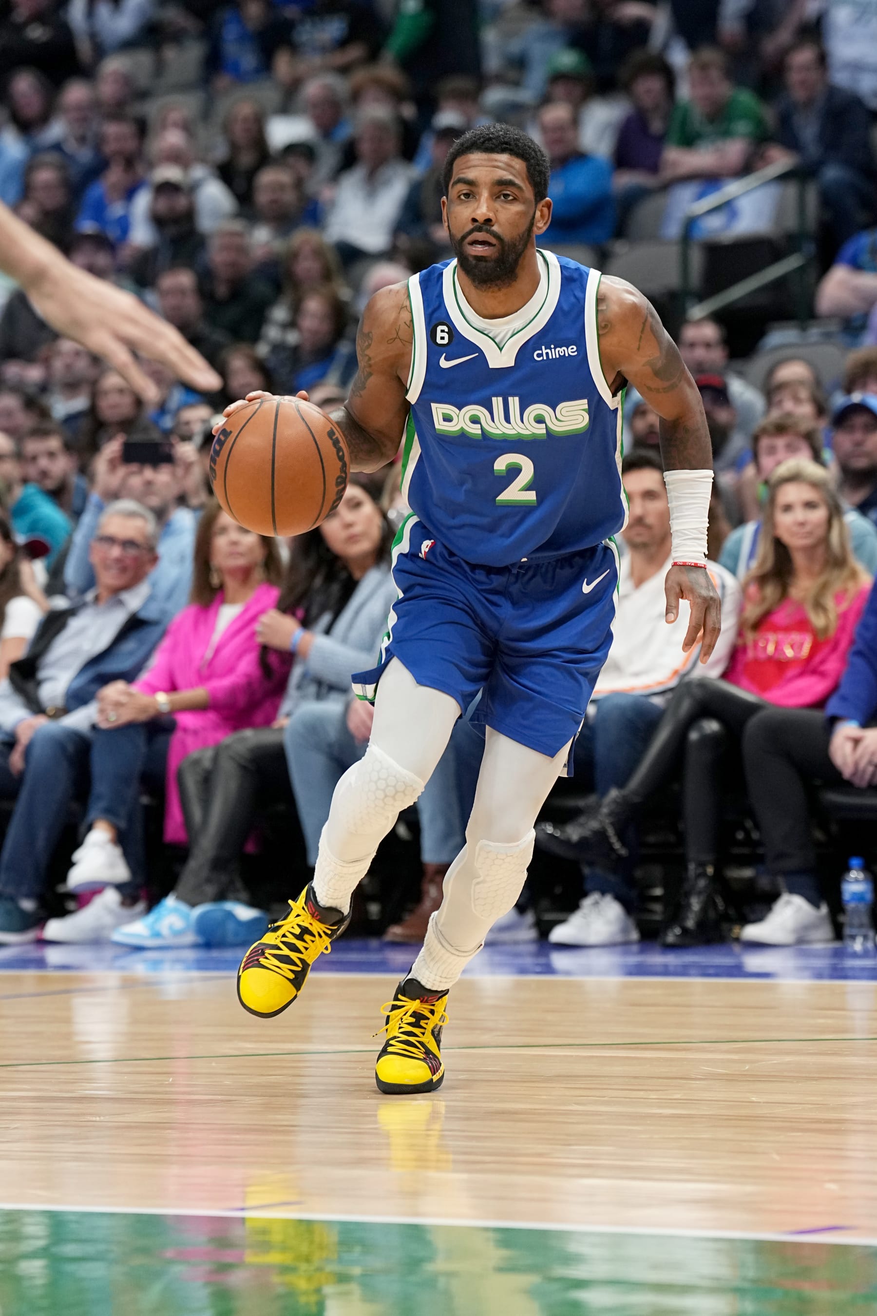 DALLAS, TX - FEBRUARY 13: Kyrie Irving #2 of the Dallas Mavericks moves the ball during the game against the Minnesota Timberwolves on February 13, 2023 at the American Airlines Center in Dallas, Texas. NOTE TO USER: User expressly acknowledges and agrees that, by downloading and or using this photograph, User is consenting to the terms and conditions of the Getty Images License Agreement. Mandatory Copyright Notice: Copyright 2023 NBAE (Photo by Glenn James/NBAE via Getty Images)