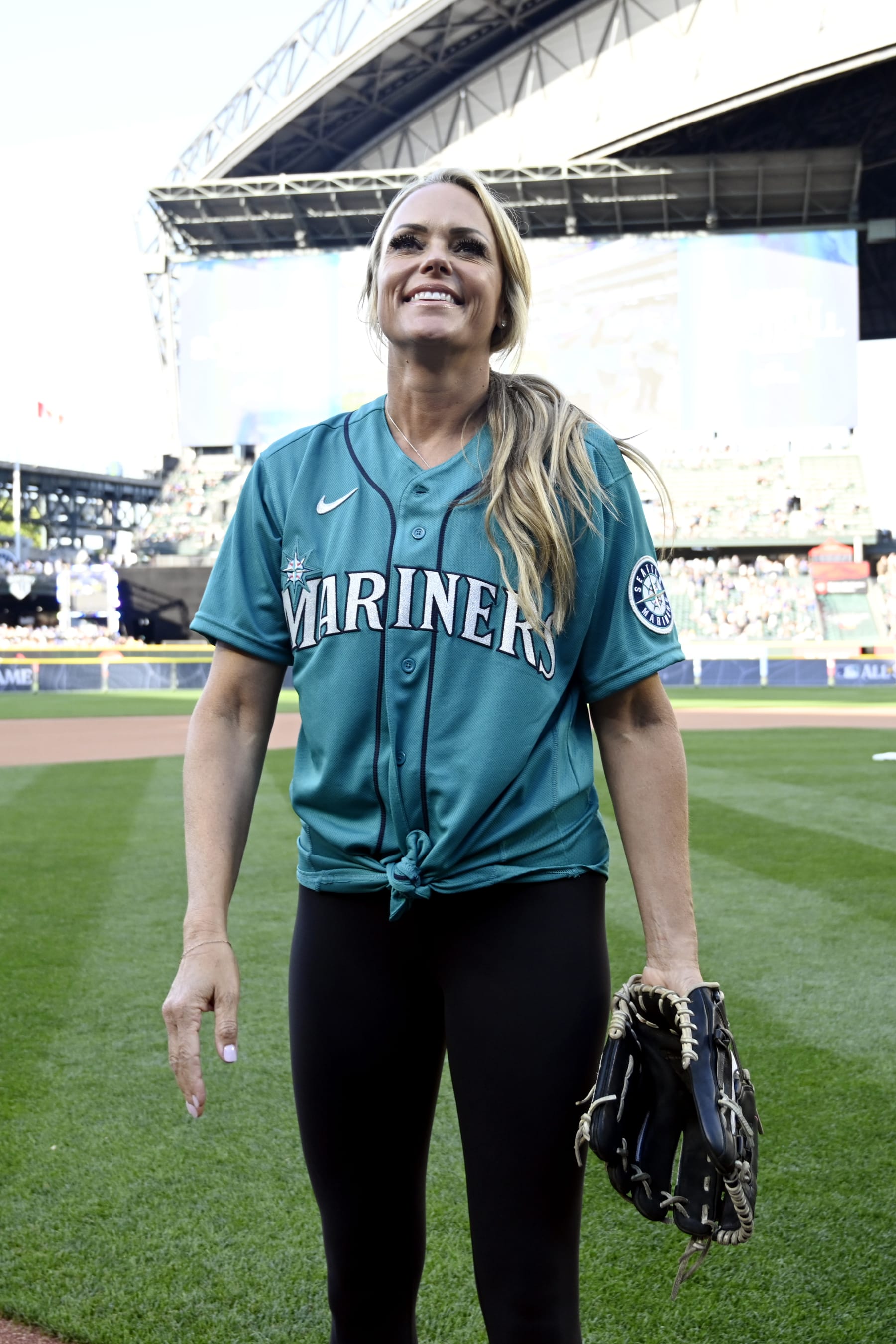 SEATTLE, WA - JULY 08:   Jennie Finch #27 of Team Finch looks on during player introductions prior to the MLB All-Star Celebrity Softball Game presented by Corona at T-Mobile Park on Saturday, July 8, 2023 in Seattle, Washington. (Photo by Cheyenne Boone/MLB Photos via Getty Images)