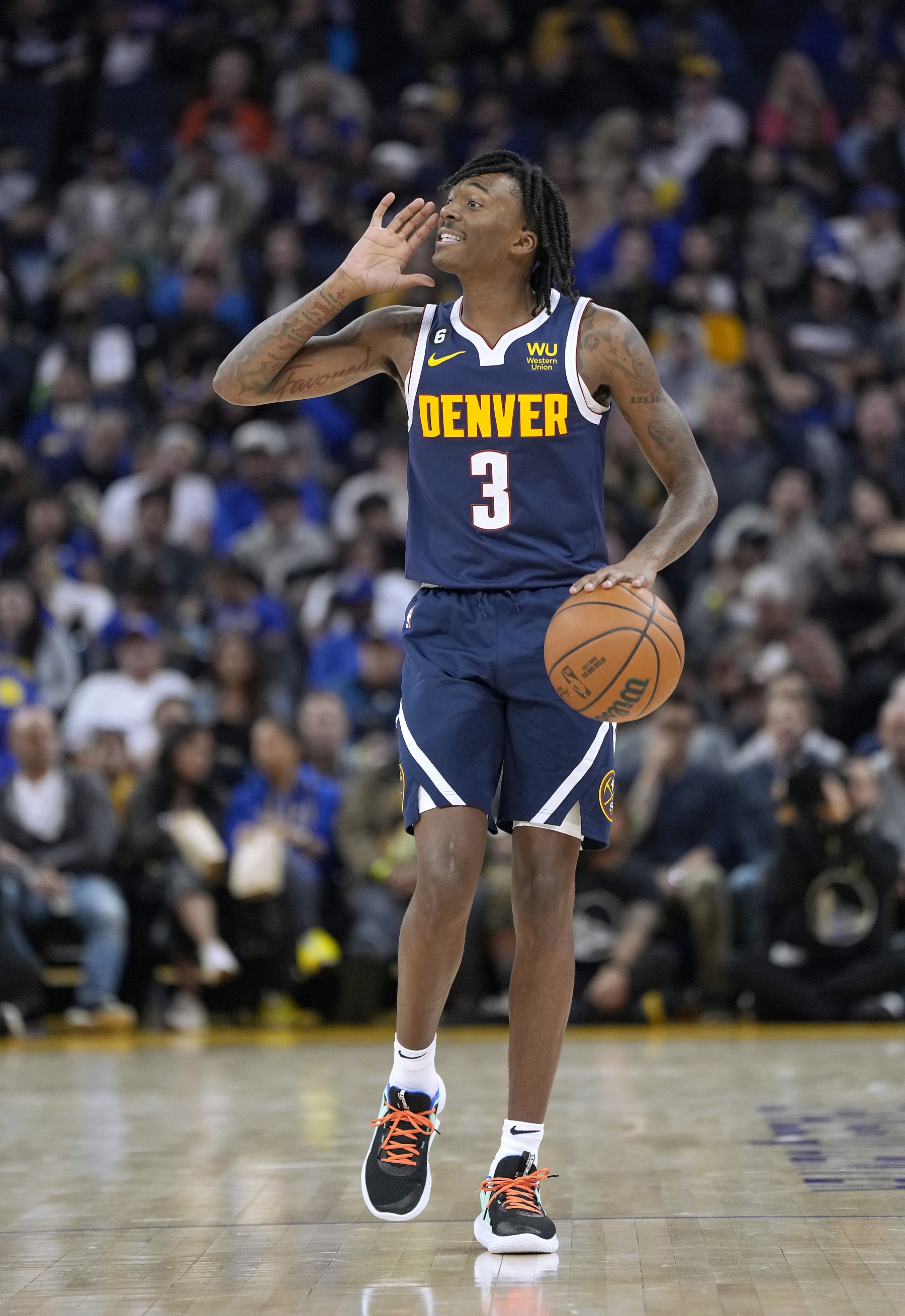 SAN FRANCISCO, CALIFORNIA - OCTOBER 14: Bones Hyland #3 of the Denver Nuggets dribbles the ball up court against the Golden State Warriors during the first half of an NBA basketball game at Chase Center on October 14, 2022 in San Francisco, California. NOTE TO USER: User expressly acknowledges and agrees that, by downloading and or using this photograph, User is consenting to the terms and conditions of the Getty Images License Agreement. (Photo by Thearon W. Henderson/Getty Images)