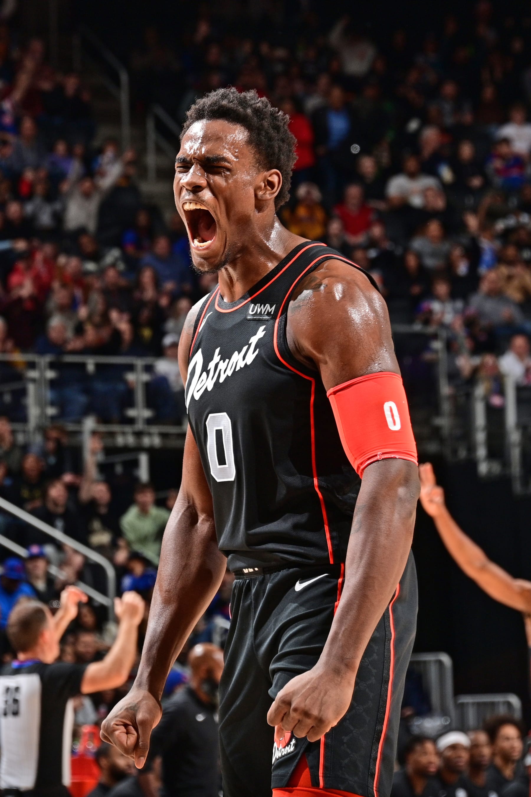 DETROIT, MI - DECEMBER 26: Jalen Duren #0 of the Detroit Pistons celebrates during the game against the Brooklyn Nets on December 26, 2023 at Little Caesars Arena in Detroit, Michigan. NOTE TO USER: User expressly acknowledges and agrees that, by downloading and/or using this photograph, User is consenting to the terms and conditions of the Getty Images License Agreement. Mandatory Copyright Notice: Copyright 2023 NBAE (Photo by Chris Schwegler/NBAE via Getty Images)