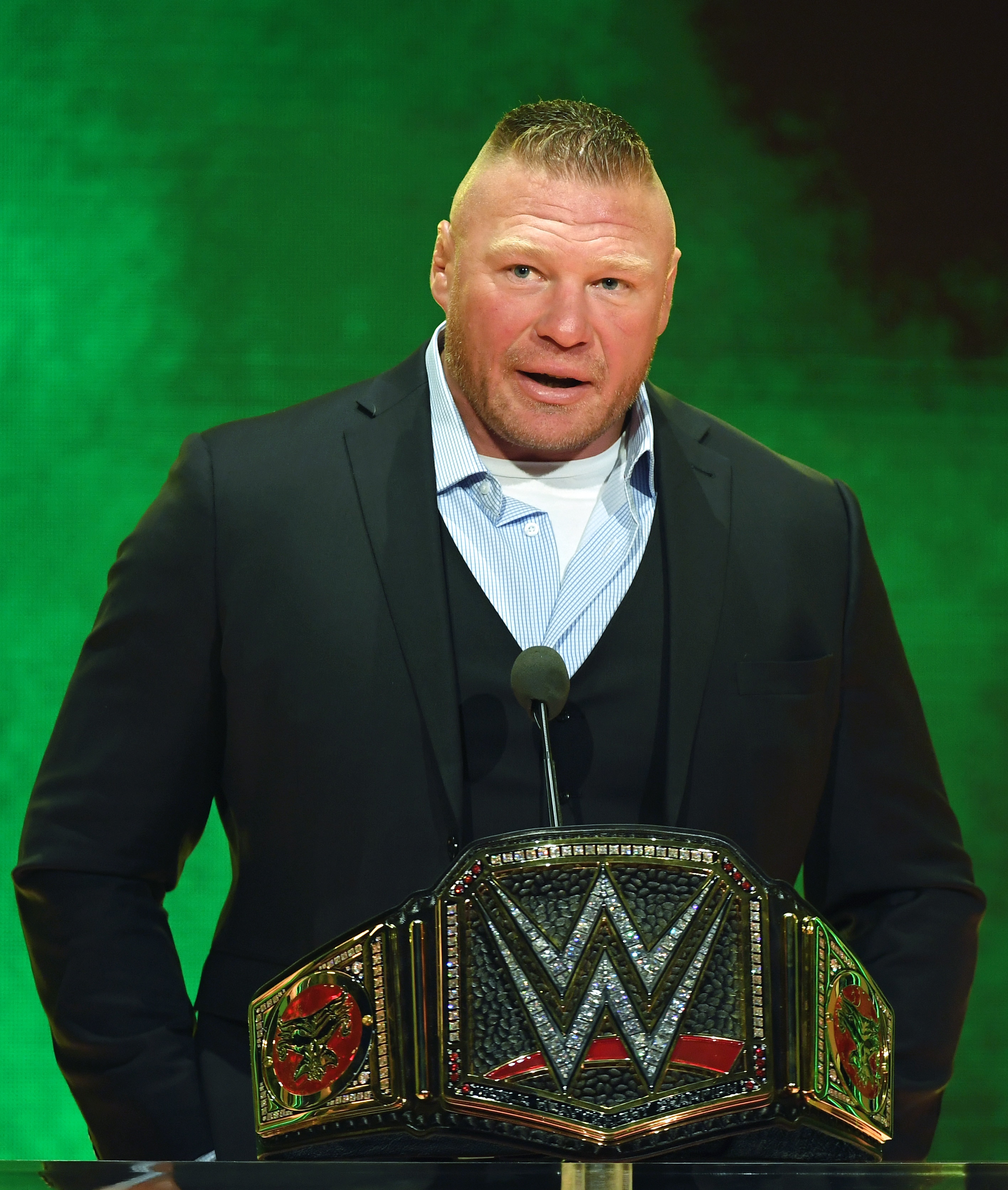 LAS VEGAS, NEVADA - OCTOBER 11:  WWE champion Brock Lesnar speaks during a WWE news conference at T-Mobile Arena on October 11, 2019 in Las Vegas, Nevada. Lesnar will face former UFC heavyweight champion Cain Velasquez and WWE wrestler Braun Strowman will take on heavyweight boxer Tyson Fury at the WWE's Crown Jewel event at Fahd International Stadium in Riyadh, Saudi Arabia on October 31.  (Photo by Ethan Miller/Getty Images)