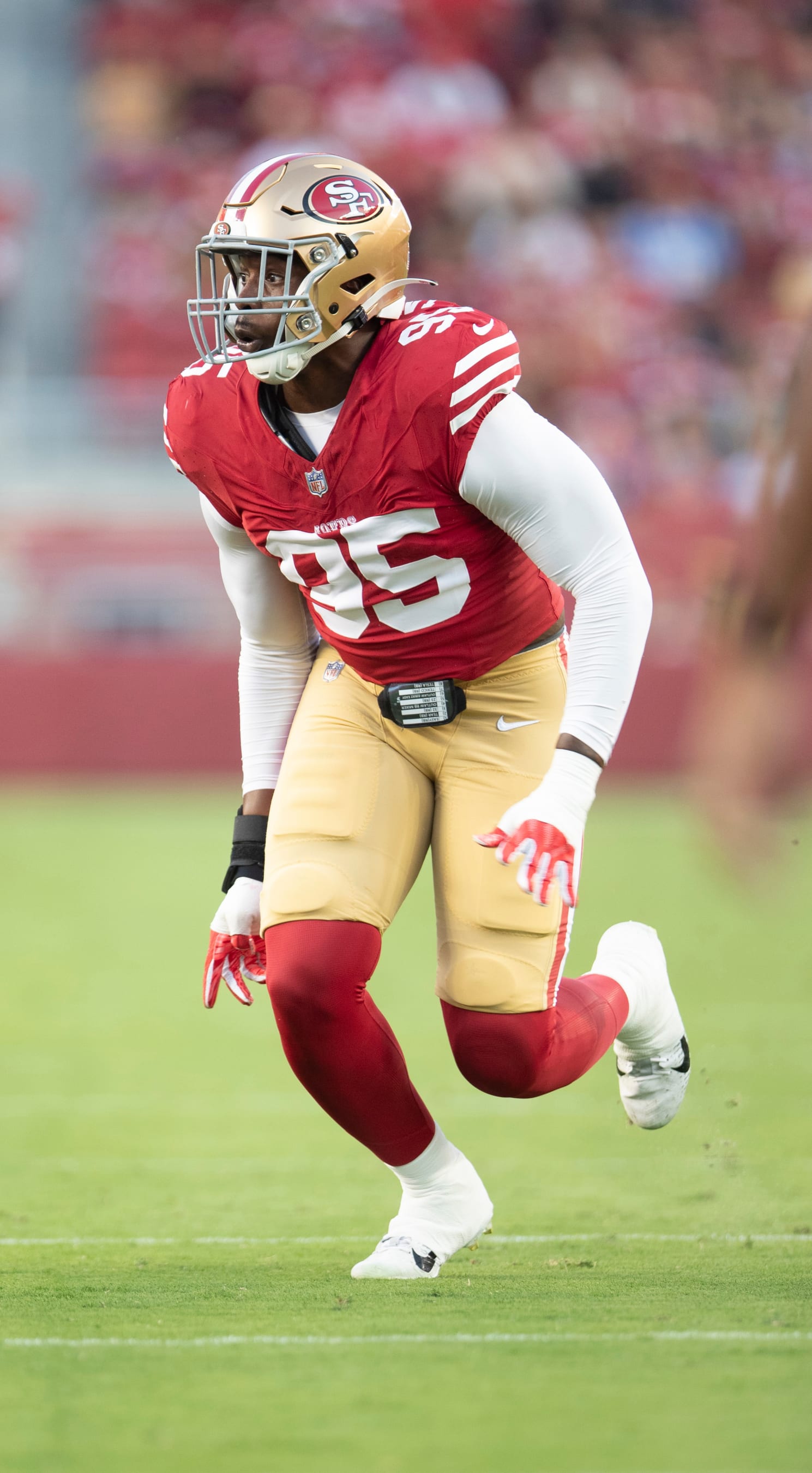 SANTA CLARA, CA - AUGUST 25: Drake Jackson #95 of the San Francisco 49ers rushes the quarterback during the game against the Los Angeles Chargers at Levi's Stadium on August 25, 2023 in Santa Clara, California. The Chargers defeated the 49ers 23-12. (Photo by Michael Zagaris/San Francisco 49ers/Getty Images)