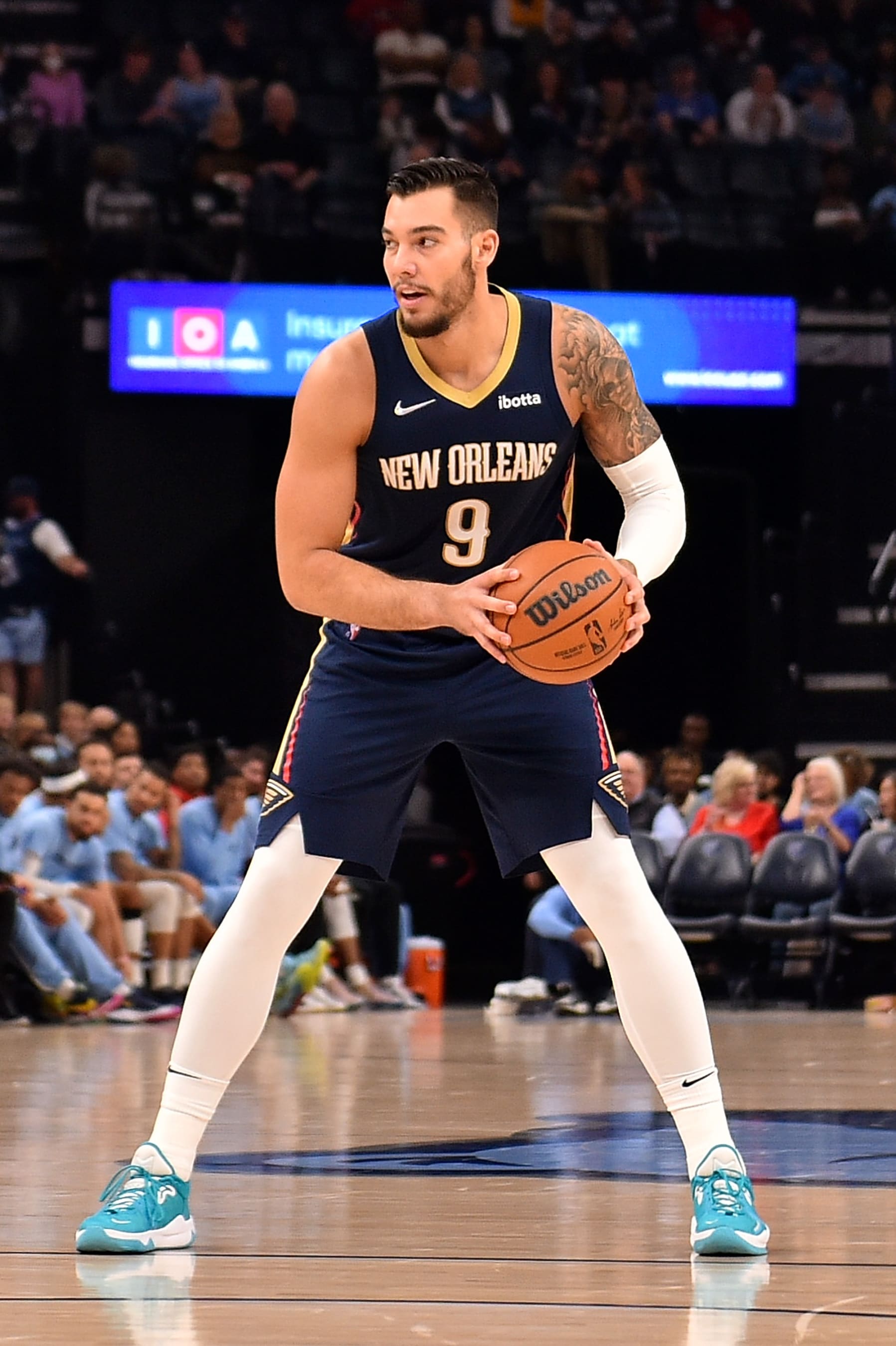 MEMPHIS, TENNESSEE - APRIL 09: Willy Hernangomez #9 of the New Orleans Pelicans during the game against the Memphis Grizzlies at FedExForum on April 09, 2022 in Memphis, Tennessee. NOTE TO USER: User expressly acknowledges and agrees that , by downloading and or using this photograph, User is consenting to the terms and conditions of the Getty Images License Agreement.  (Photo by Justin Ford/Getty Images)