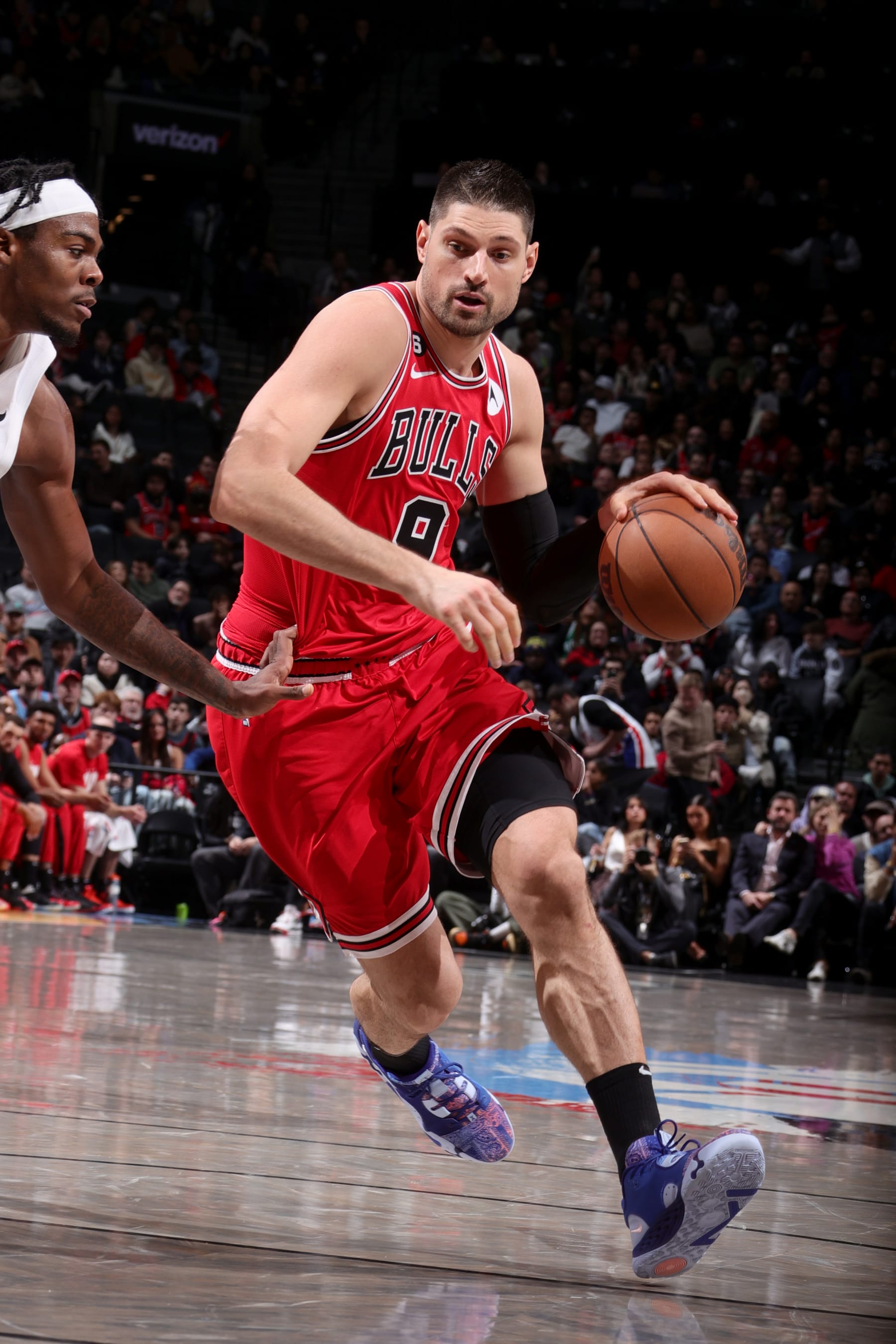 BROOKLYN, NY - FEBRUARY 9: Nikola Vucevic #9 of the Chicago Bulls dribbles the ball during the game against the Brooklyn Nets on February 9, 2023 at Barclays Center in Brooklyn, New York. NOTE TO USER: User expressly acknowledges and agrees that, by downloading and or using this Photograph, user is consenting to the terms and conditions of the Getty Images License Agreement. Mandatory Copyright Notice: Copyright 2023 NBAE (Photo by Nathaniel S. Butler/NBAE via Getty Images)