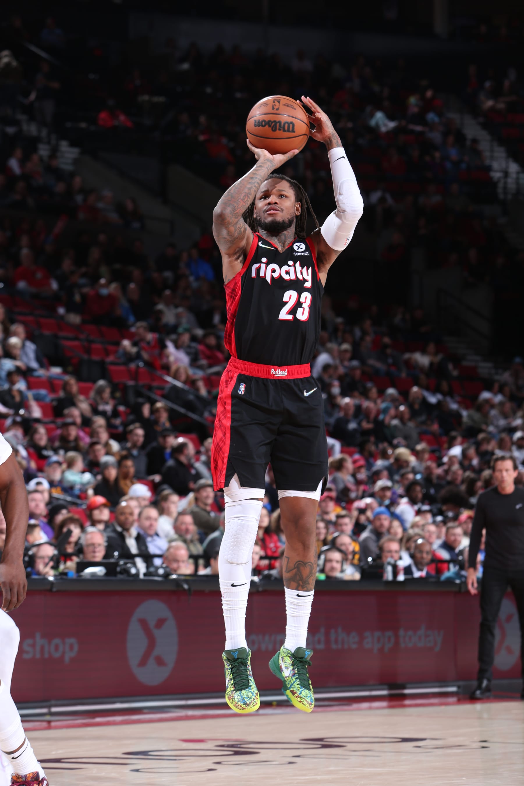 PORTLAND, OR - APRIL 10: Ben McLemore #23 of the Portland Trail Blazers shoots the ball during the game against the Utah Jazz on April10, 2022 at the Moda Center Arena in Portland, Oregon. NOTE TO USER: User expressly acknowledges and agrees that, by downloading and or using this photograph, user is consenting to the terms and conditions of the Getty Images License Agreement. Mandatory Copyright Notice: Copyright 2022 NBAE (Photo by Sam Forencich/NBAE via Getty Images)