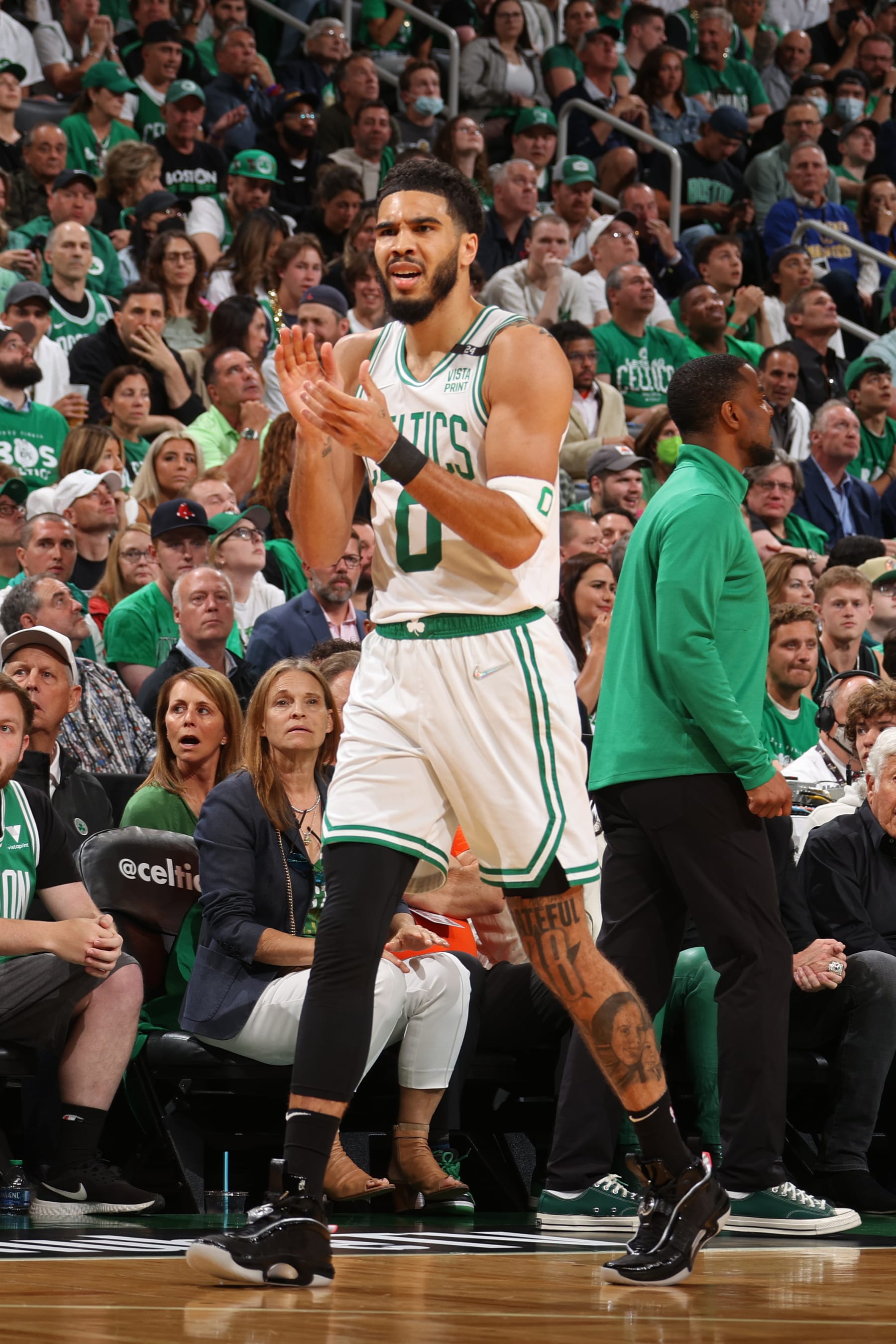 BOSTON, MA - JUNE 16: Jayson Tatum #0 of the Boston Celtics looks on during Game Six of the 2022 NBA Finals on June 16, 2022 at TD Garden in Boston, Massachusetts. NOTE TO USER: User expressly acknowledges and agrees that, by downloading and or using this photograph, user is consenting to the terms and conditions of Getty Images License Agreement. Mandatory Copyright Notice: Copyright 2022 NBAE (Photo by Nathaniel S. Butler/NBAE via Getty Images)