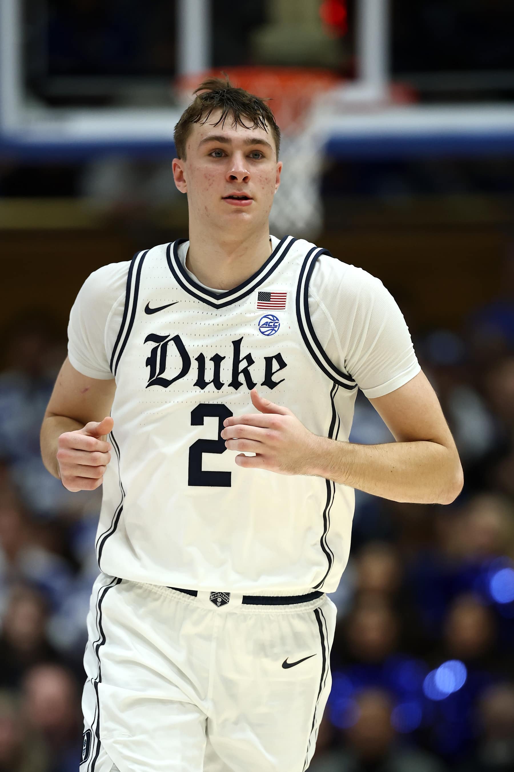 DURHAM, NORTH CAROLINA - JANUARY 11: Cooper Flagg #2 of the Duke Blue Devils runs the court during the second half of the game against the Notre Dame Fighting Irish at Cameron Indoor Stadium on January 11, 2025 in Durham, North Carolina. (Photo by Jared C. Tilton/Getty Images)