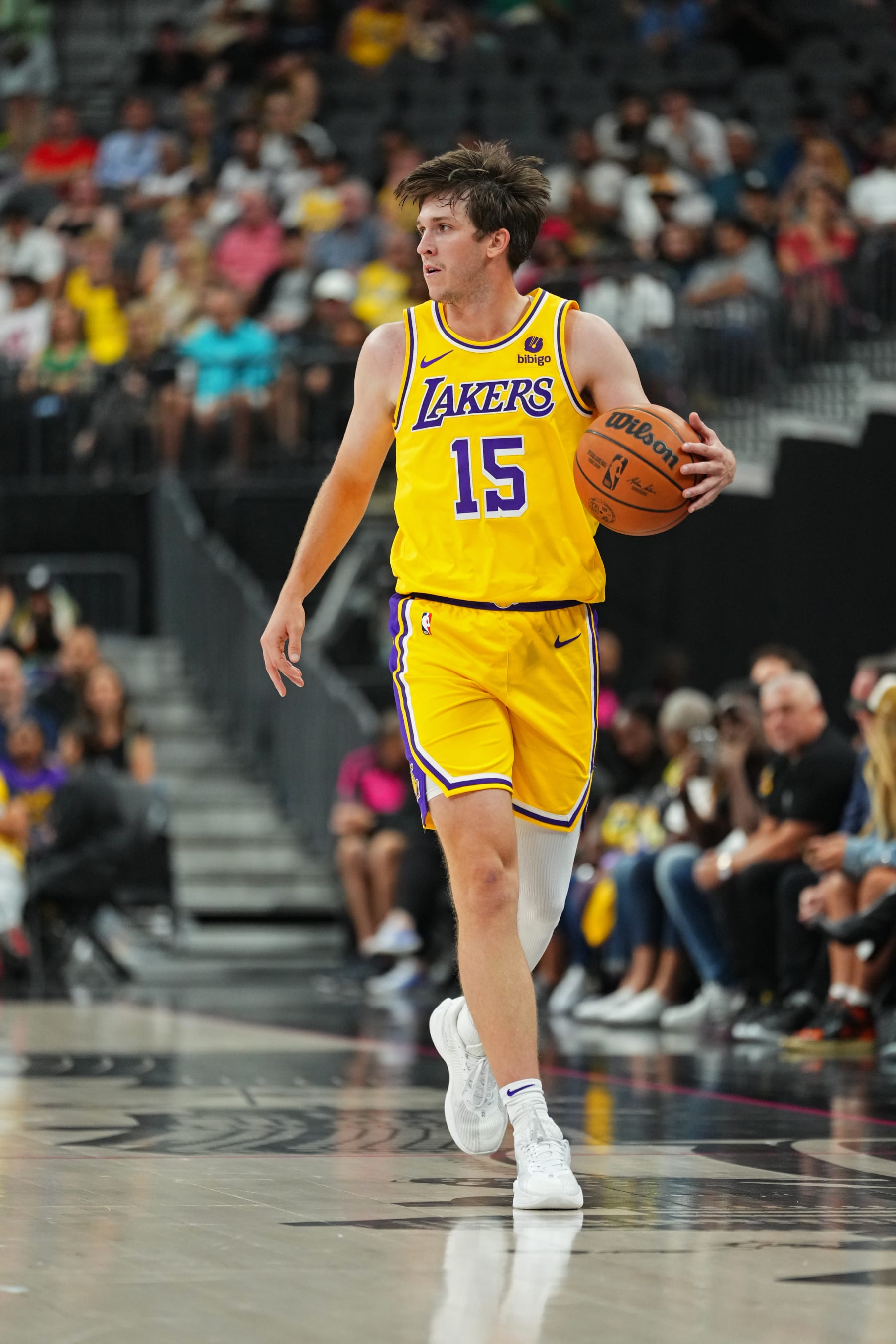 LAS VEGAS, NV - OCTOBER 9: Austin Reaves #15 of the Los Angeles Lakers brings the ball up court against the Brooklyn Nets on October 9, 2023 at T-Mobile Arena in Las Vegas, Nevada. NOTE TO USER: User expressly acknowledges and agrees that, by downloading and or using this photograph, User is consenting to the terms and conditions of the Getty Images License Agreement. Mandatory Copyright Notice: Copyright 2023 NBAE (Photo by Jeff Bottari/NBAE via Getty Images)
