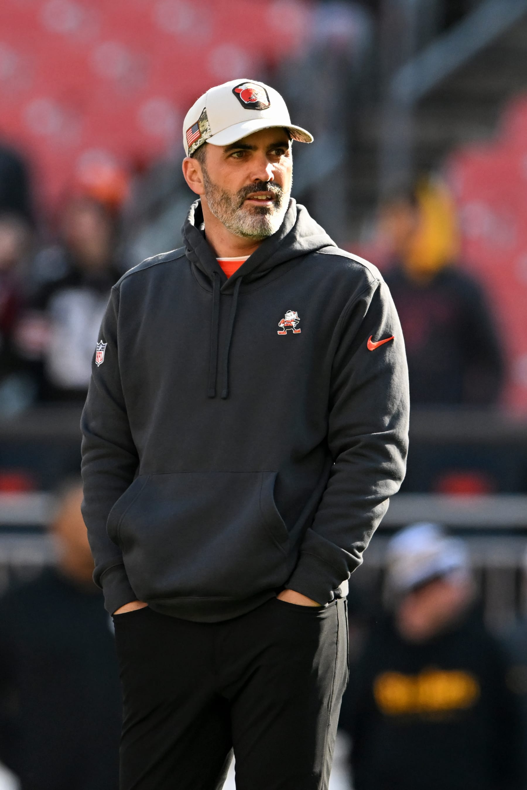 CLEVELAND, OHIO - NOVEMBER 19: Head coach Kevin Stefanski of the Cleveland Browns looks on prior to a game against the Pittsburgh Steelers at Cleveland Browns Stadium on November 19, 2023 in Cleveland, Ohio. (Photo by Nick Cammett/Diamond Images via Getty Images)