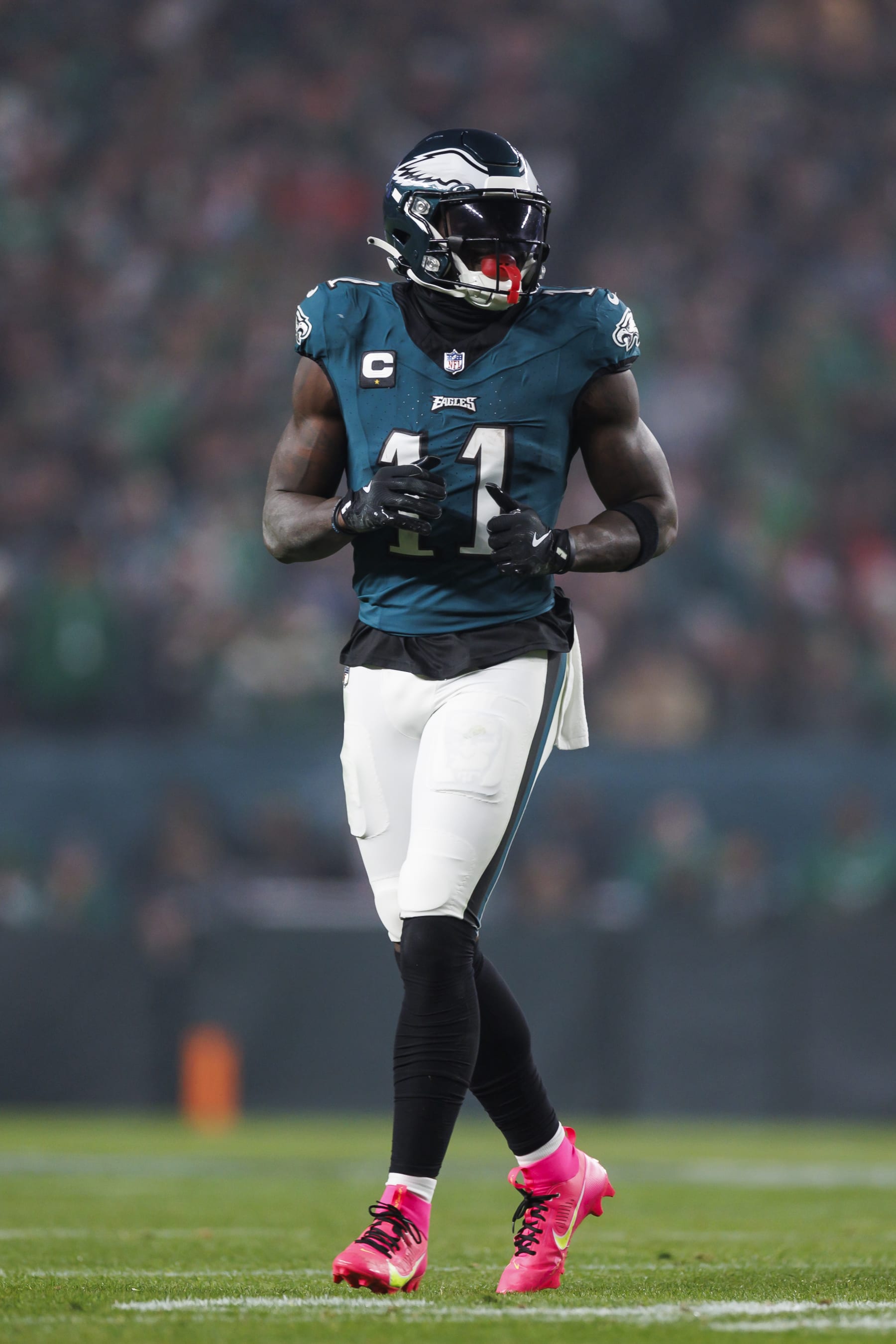 PHILADELPHIA, PENNSYLVANIA - DECEMBER 03: A.J. Brown #11 of the Philadelphia Eagles lines up to run a route during an NFL football game against the San Francisco 49ers at Lincoln Financial Field on December 3, 2023 in Philadelphia, Pennsylvania. (Photo by Ryan Kang/Getty Images)