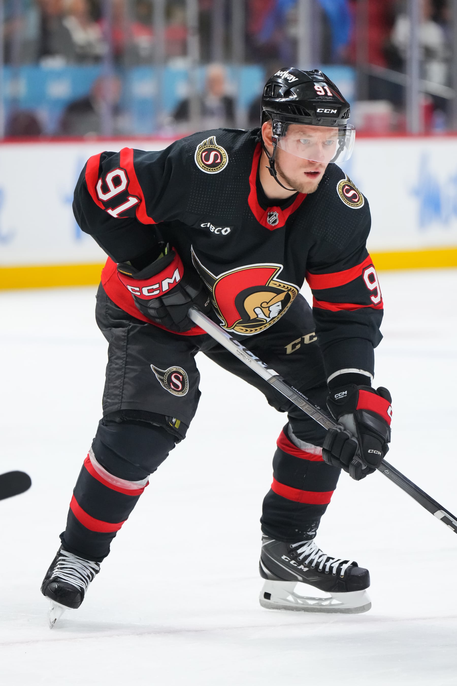 OTTAWA, CANADA - FEBRUARY 15:  Vladimir Tarasenko #91 of the Ottawa Senators skates against the Anaheim Ducks at Canadian Tire Centre on February 15, 2024 in Ottawa, Ontario, Canada.  (Photo by André Ringuette/NHLI via Getty Images)