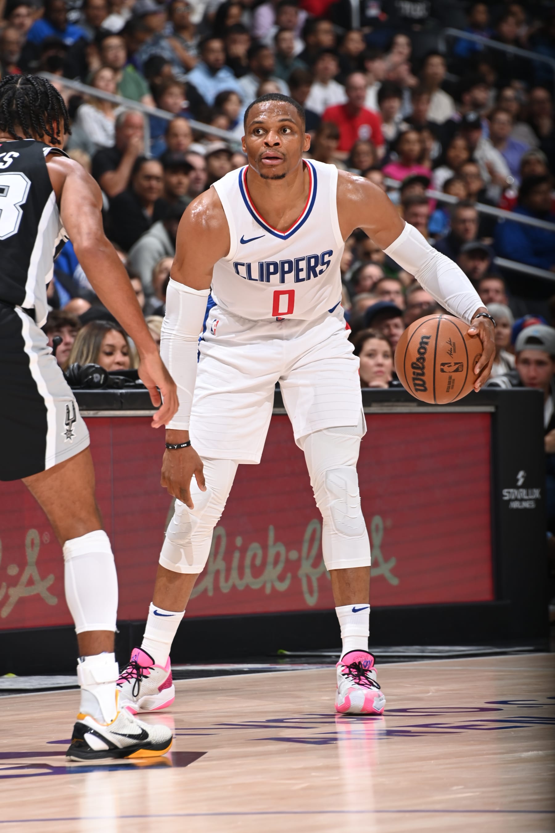 LOS ANGELES, CA - OCTOBER 29: Russell Westbrook #0 of the LA Clippers dribbles the ball during the game against the San Antonio Spurs on October 29, 2023 at Crypto.Com Arena in Los Angeles, California. NOTE TO USER: User expressly acknowledges and agrees that, by downloading and/or using this Photograph, user is consenting to the terms and conditions of the Getty Images License Agreement. Mandatory Copyright Notice: Copyright 2023 NBAE (Photo by Andrew D. Bernstein/NBAE via Getty Images)