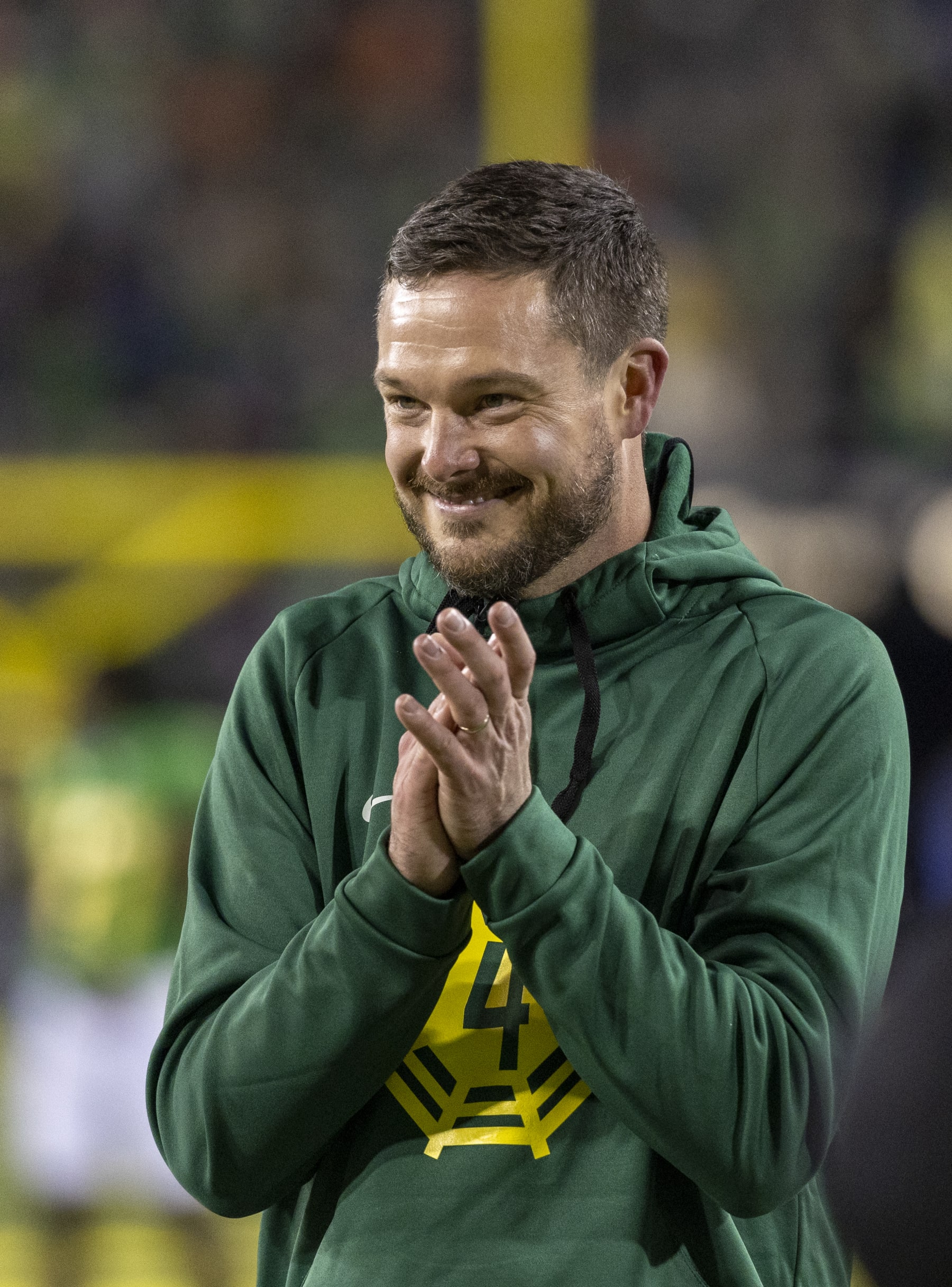 EUGENE, OREGON - NOVEMBER 24: Head coach Dan Lanning of the Oregon Ducks stands on the field before their game against the Oregon State Beavers at Autzen Stadium on November 24, 2023 in Eugene, Oregon. (Photo by Tom Hauck/Getty Images)