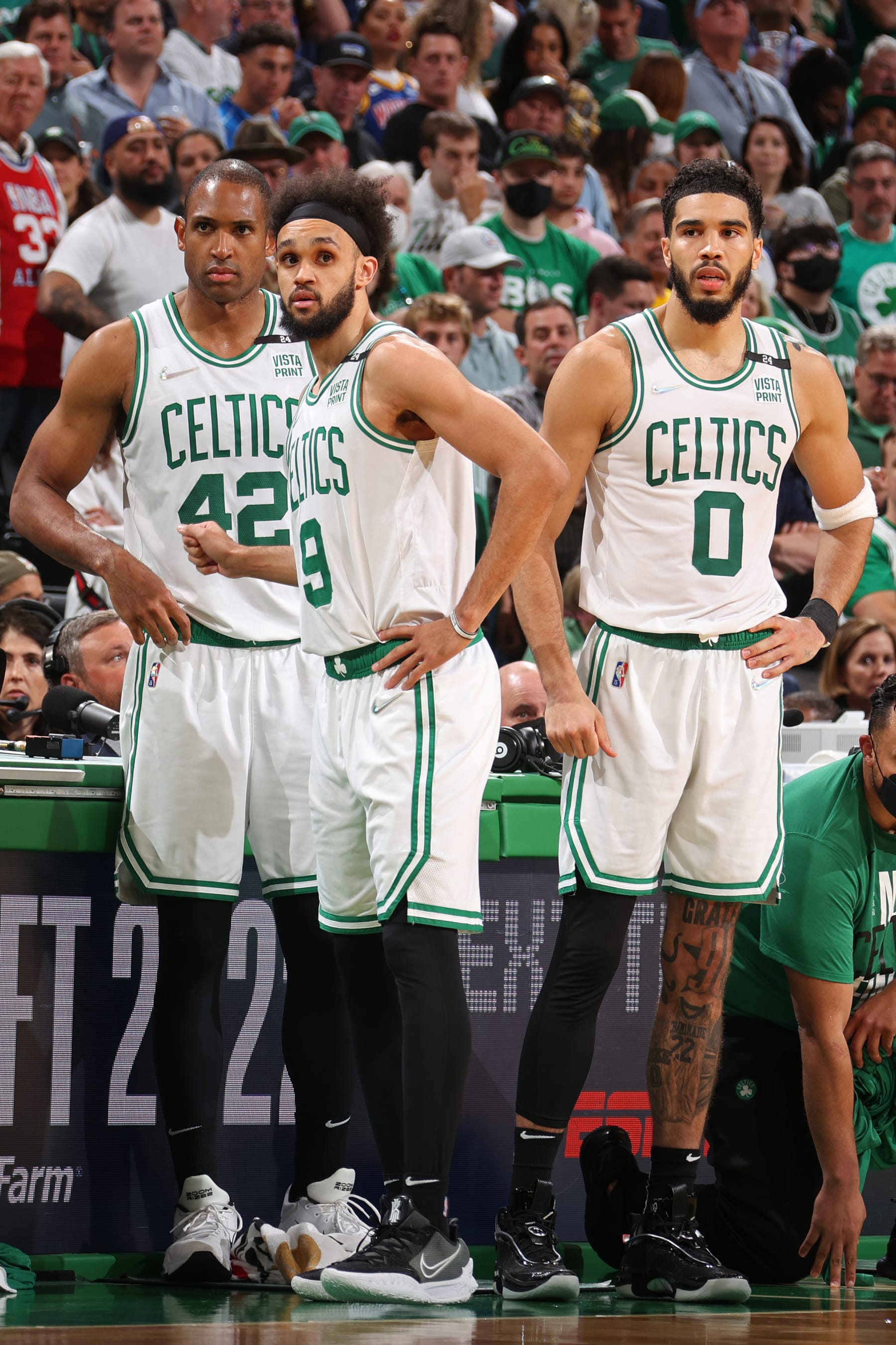 Al Horford, Derrick White and Jayson Tatum