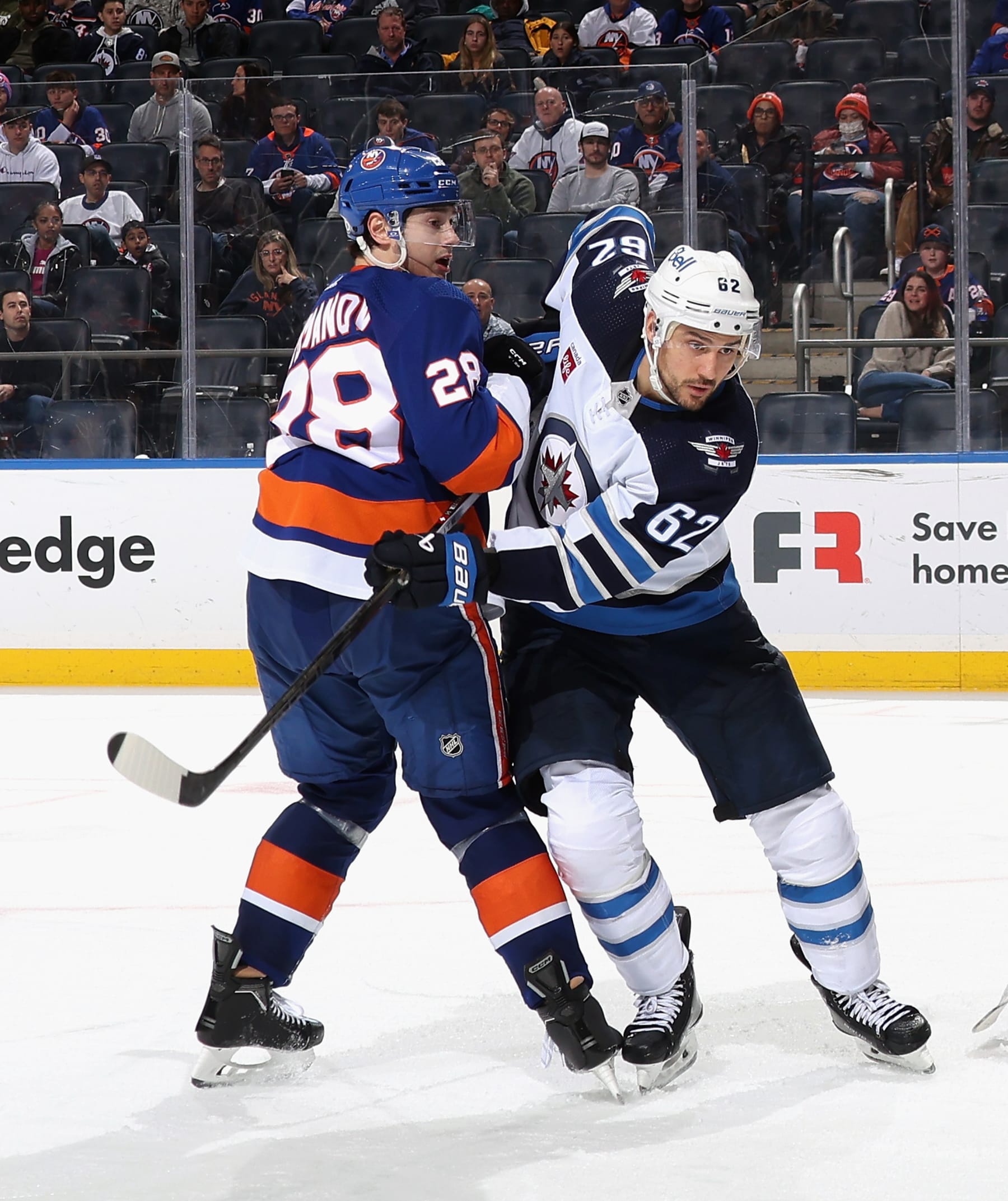 ELMONT, NEW YORK - MARCH 23: Nino Niederreiter #62 of the Winnipeg Jets skates against the New York Islanders at UBS Arena on March 23, 2024 in Elmont, New York. (Photo by Bruce Bennett/Getty Images)