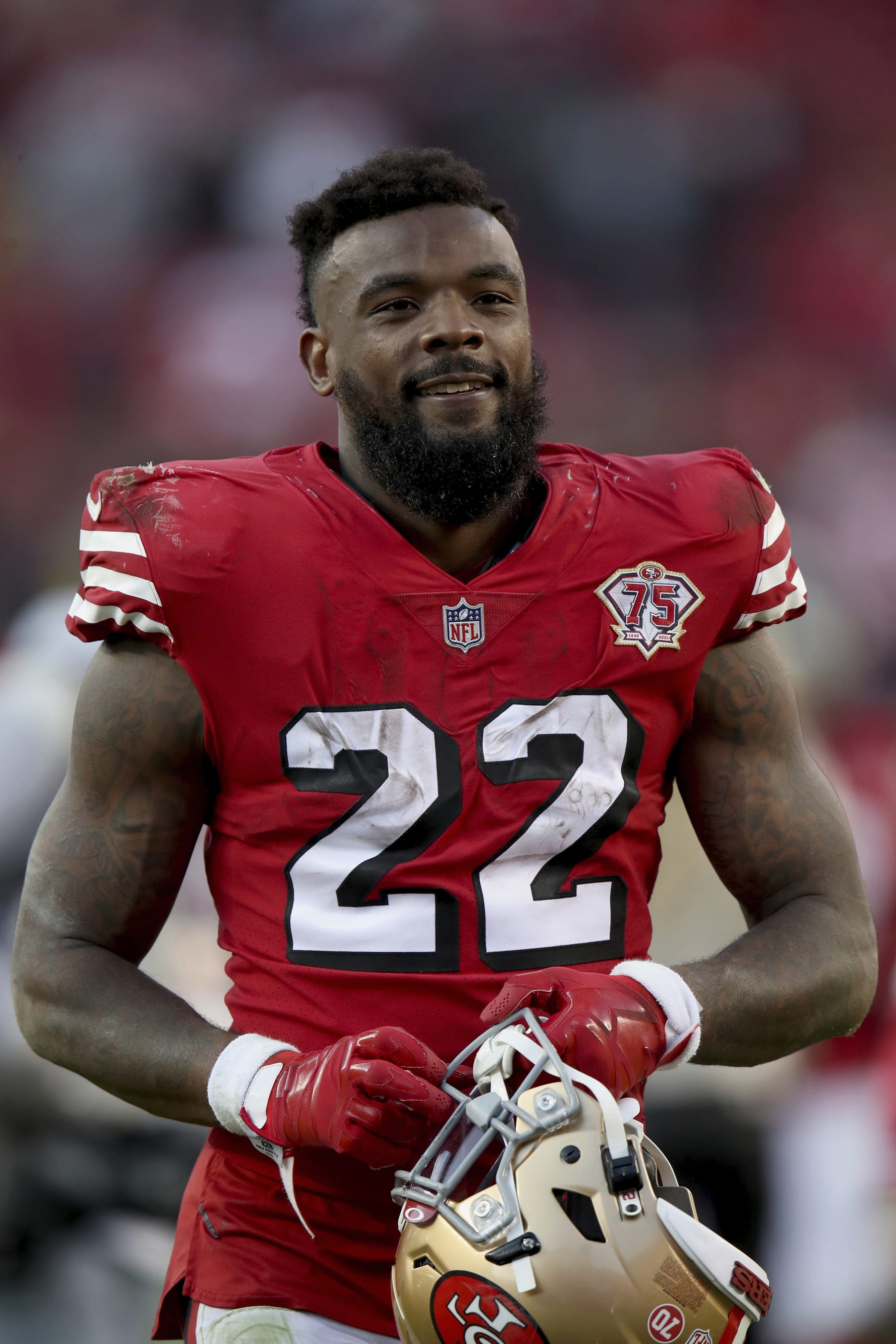 San Francisco 49ers running back Jeff Wilson Jr. (22) reacts to fans after an NFL football game against the Atlanta Falcons, Sunday, Dec. 19, 2021, in Santa Clara, Calif. (AP Photo/Scot Tucker)