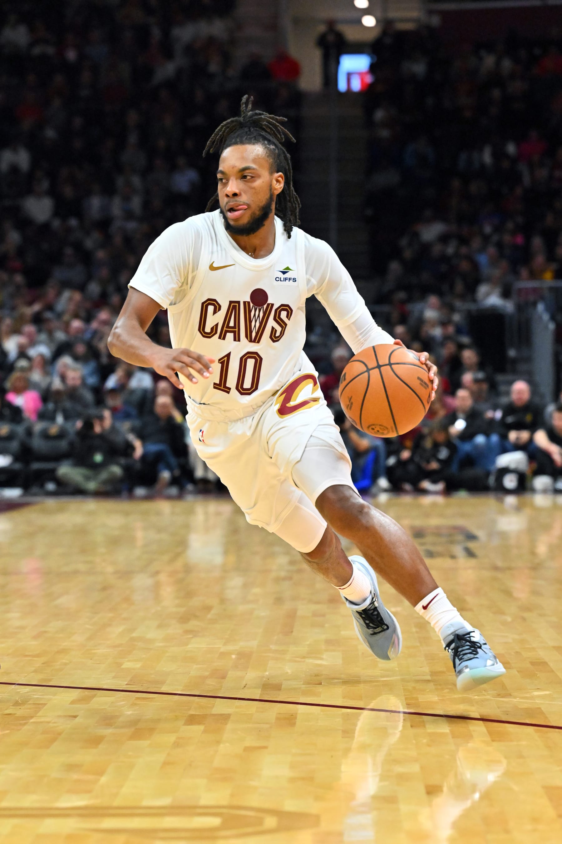 CLEVELAND, OHIO - NOVEMBER 22: Darius Garland #10 of the Cleveland Cavaliers drives to the basket during the third quarter against the Miami Heat at Rocket Mortgage Fieldhouse on November 22, 2023 in Cleveland, Ohio. The Heat beat the Cavaliers 129-96. NOTE TO USER: User expressly acknowledges and agrees that, by downloading and or using this photograph, User is consenting to the terms and conditions of the Getty Images License Agreement. (Photo by Jason Miller/Getty Images)