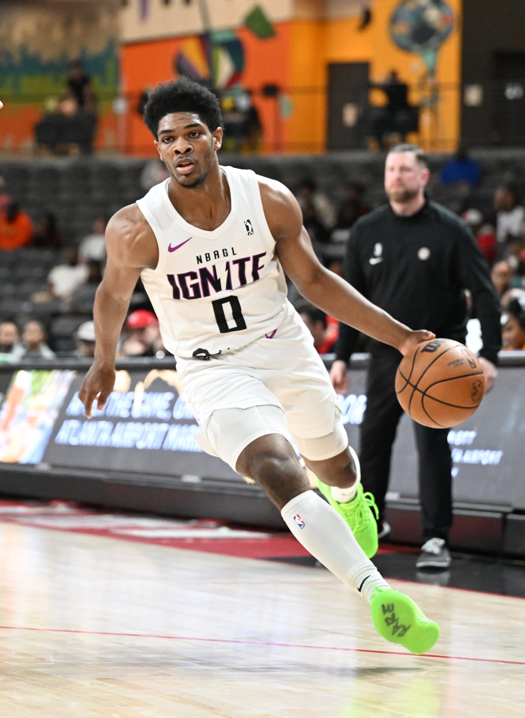 COLLEGE PARK, GA - MARCH 8th: Scoot Henderson #0 of the G-League Ignite drives against the College Park Skyhawks on March 8th, 2023 at Gateway Center Arena in College Park, Georgia. NOTE TO USER: User expressly acknowledges and agrees that, by downloading and or using this photograph, user is consenting to the terms and conditions of Getty Images License Agreement. Mandatory Copyright Notice: Copyright 2023 NBAE (Photo by Adam Hagy/NBAE via Getty Images)