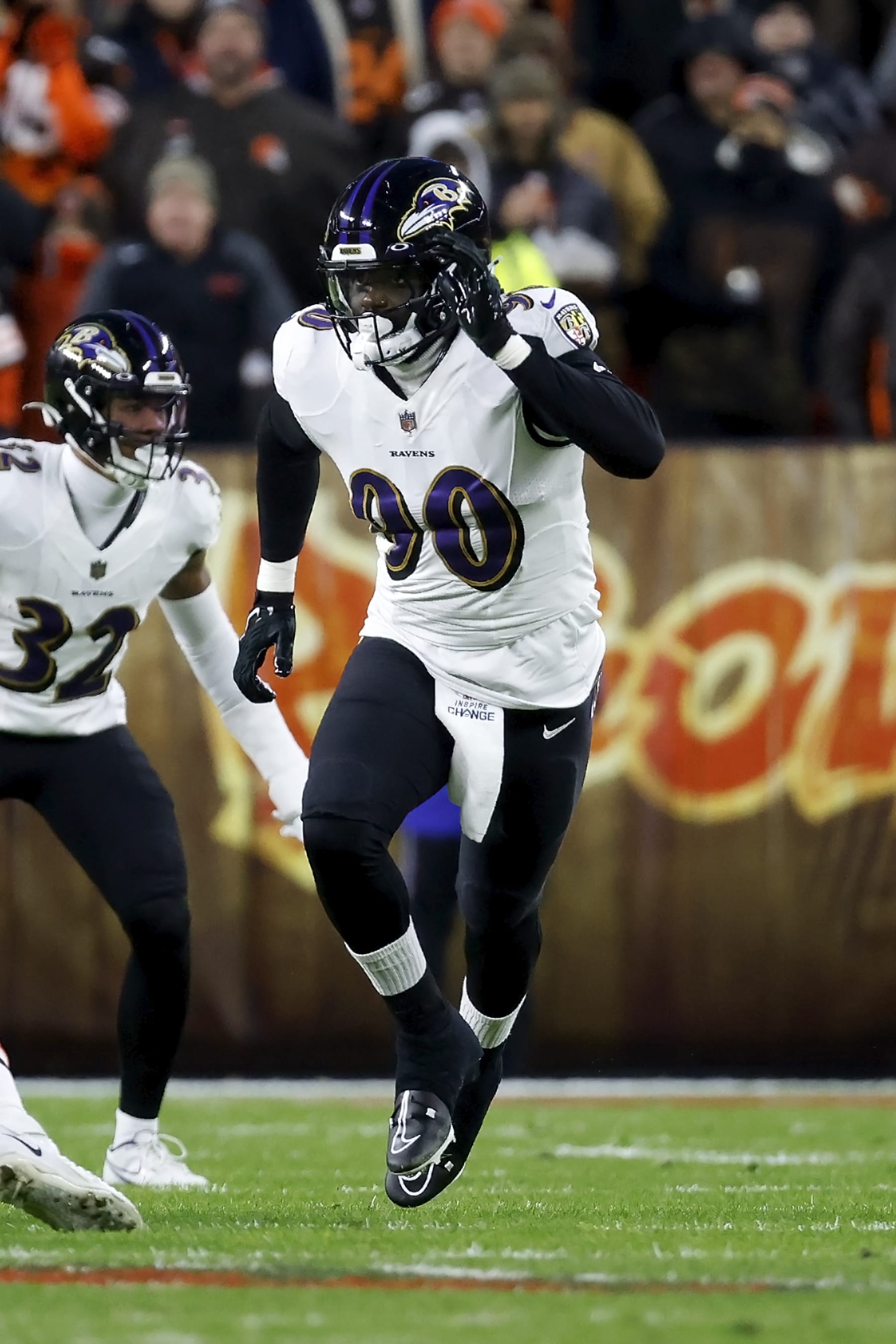 Baltimore Ravens linebacker David Ojabo (90) runs off of the line of scrimmage during an NFL football game against the Cleveland Browns, Saturday, Dec. 17, 2022, in Cleveland. (AP Photo/Kirk Irwin)