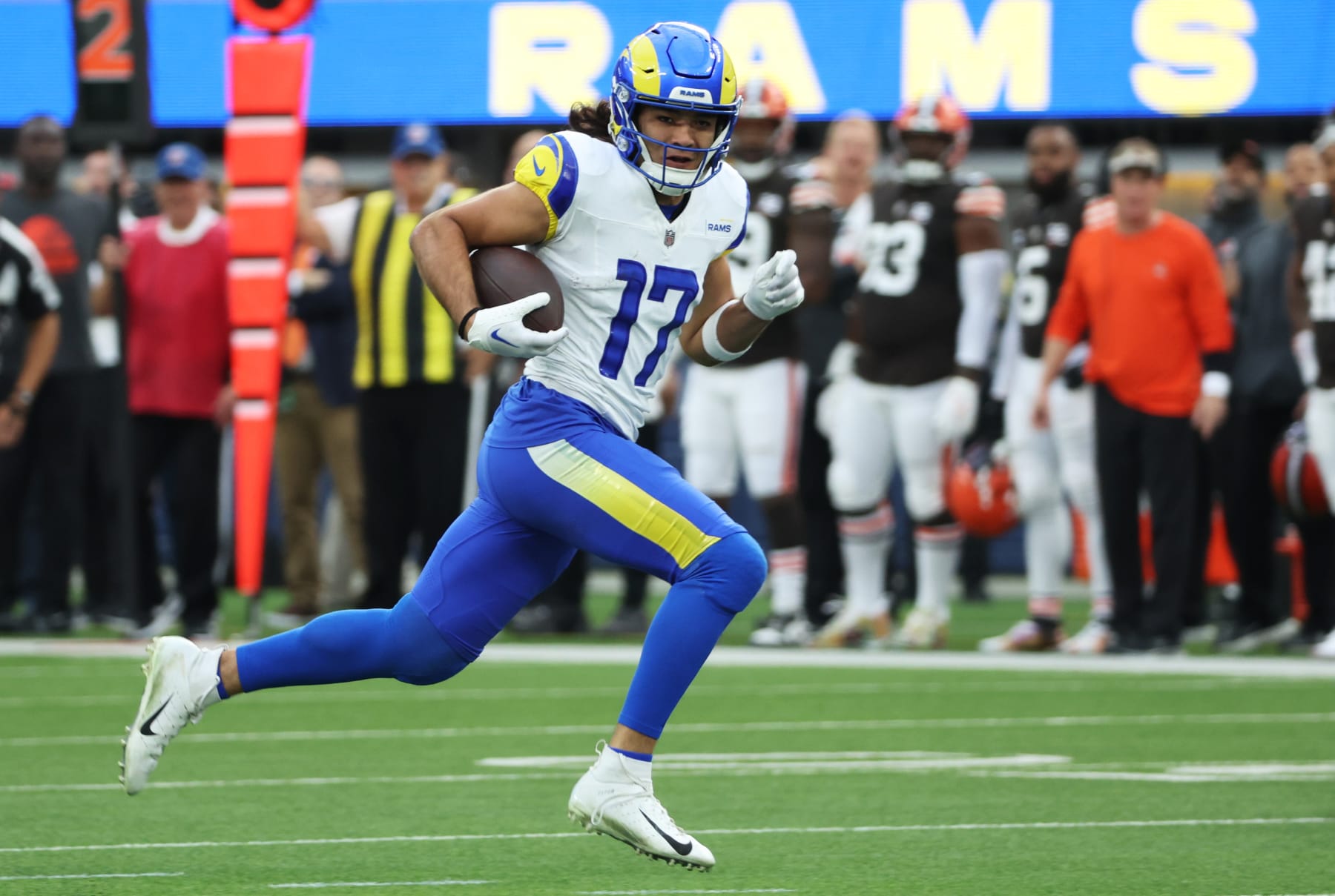 Los Angeles, CA - December 03: Los Angeles Rams Puka Nacua breaks into the secondary agains the Cleveland Browns in SoFi Stadium on Sunday, Dec. 3, 2023 in Los Angeles, CA. (Wally Skalij / Los Angeles Times via Getty Images)