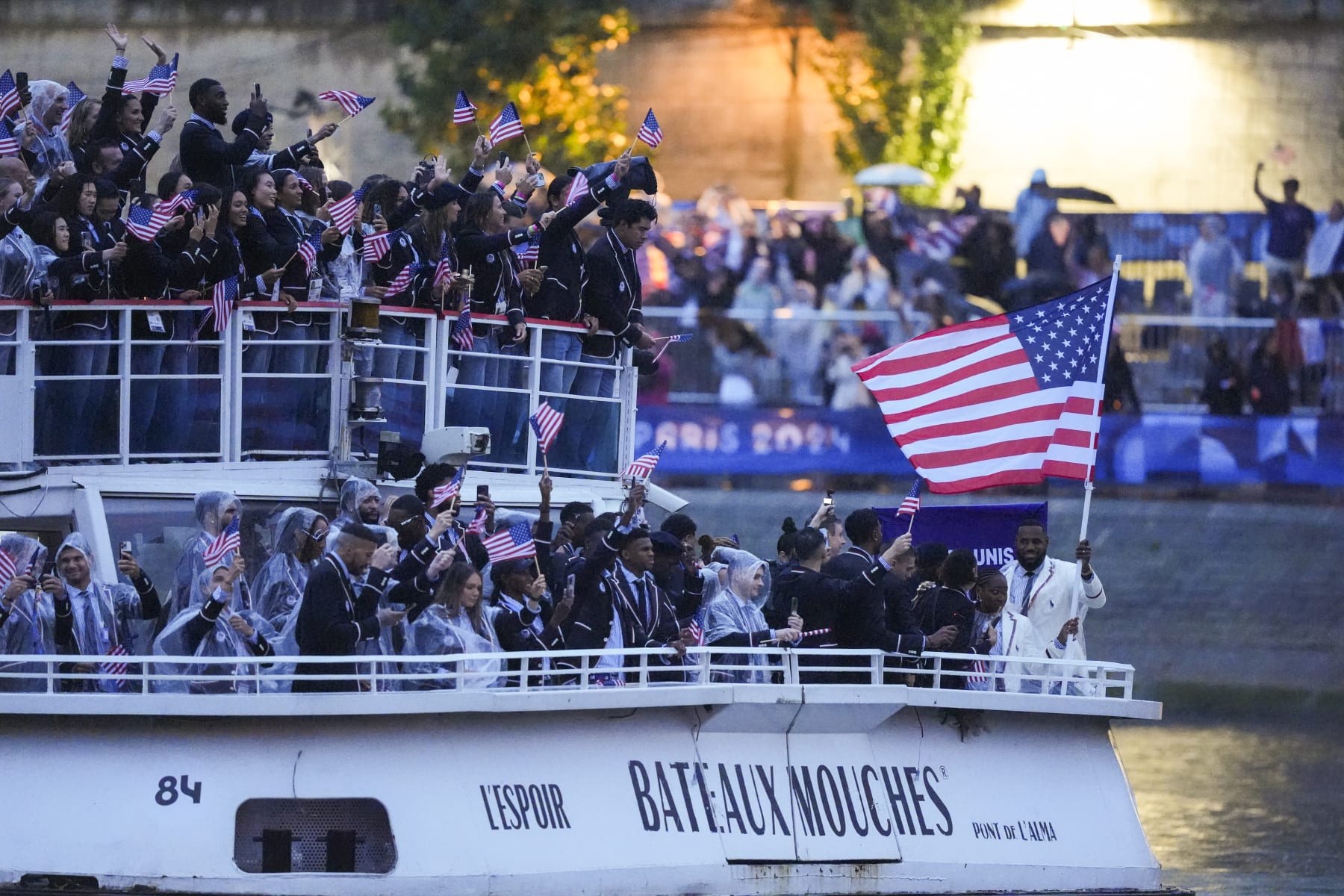 PARIS, FRANCE - JULY 26: Team USA floats down the Seine during the Paris 2024 Olympics Opening Ceremonies on July 26, 2024 in Paris, France. (Photo by Toni L. Sandys/The Washington Post via Getty Images)