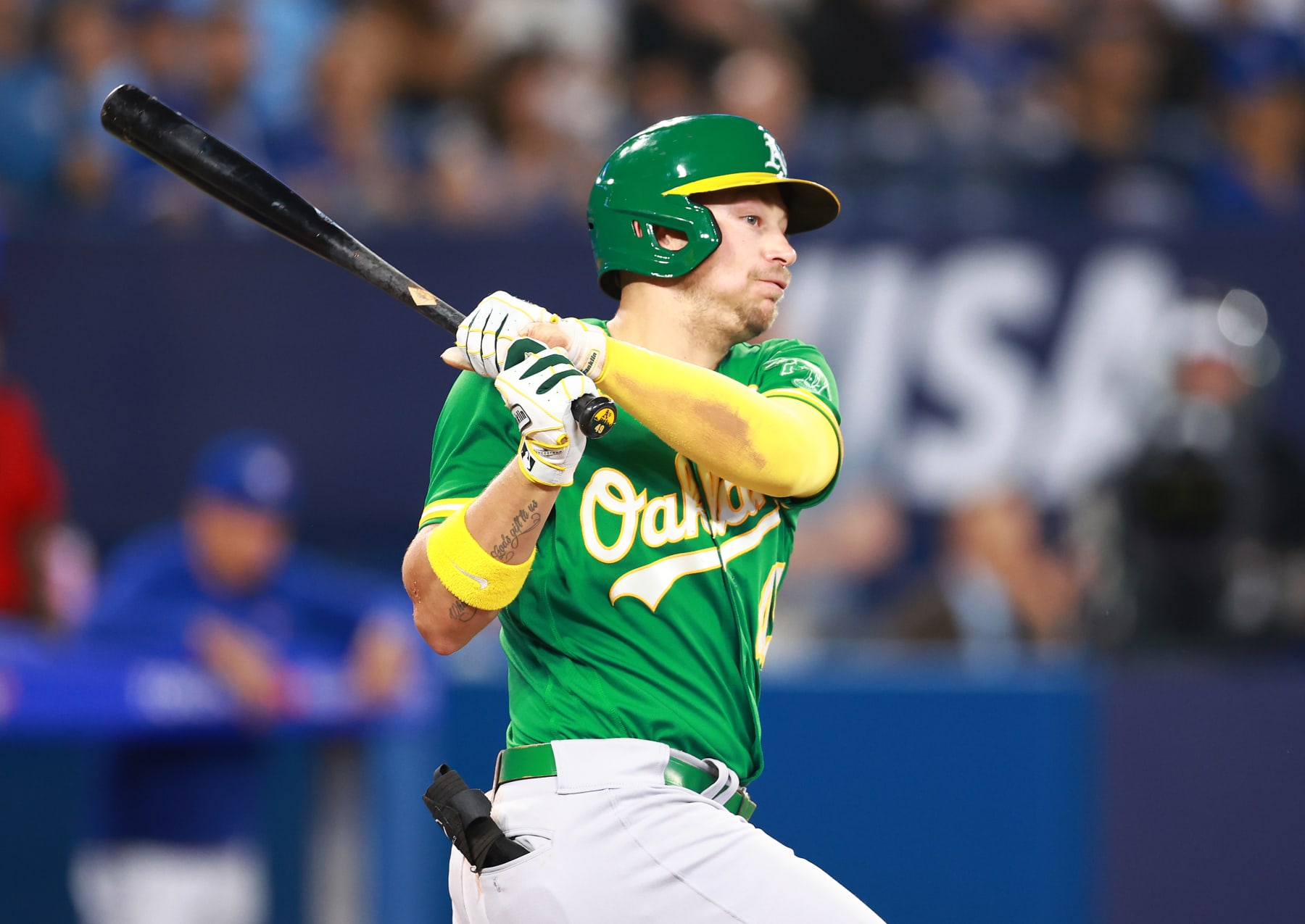 TORONTO, ON - JUNE 24:  Ryan Noda #49 of the Oakland Athletics bats against the Toronto Blue Jays at Rogers Centre on June 24, 2023 in Toronto, Ontario, Canada.  (Photo by Vaughn Ridley/Getty Images)