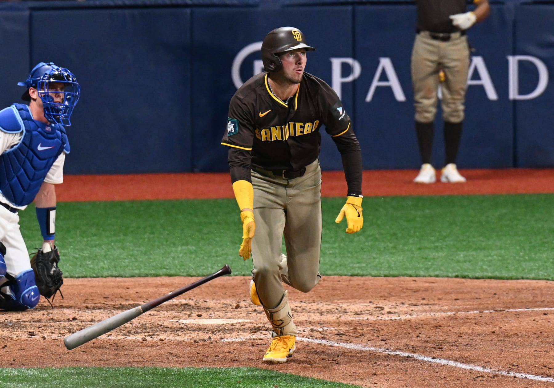SEOUL, SOUTH KOREA - MARCH 21: Jackson Merrill #3 of San Diego Padres hits a single in the top of the third inning during the 2024 Seoul Series game between Los Angeles Dodgers and San Diego Padres at Gocheok Sky Dome on March 21, 2024 in Seoul, South Korea. (Photo by Gene Wang/Getty Images)