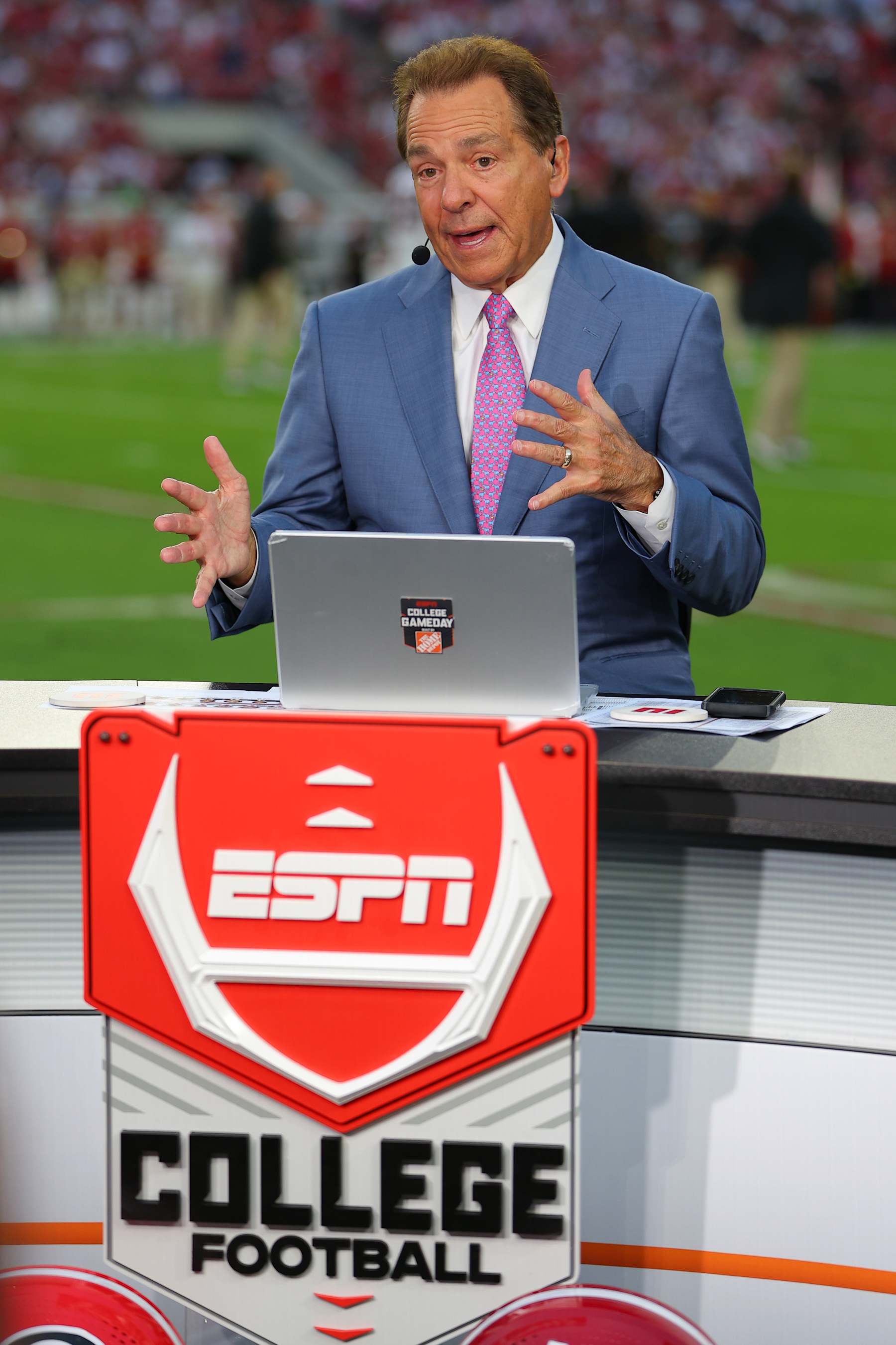 TUSCALOOSA, ALABAMA - SEPTEMBER 28: Former Alabama Crimson Tide head coach Nick Saban speaks from the ESPN College Football set before the game against the Georgia Bulldogs at Bryant-Denny Stadium on September 28, 2024 in Tuscaloosa, Alabama. (Photo by Kevin C. Cox/Getty Images)