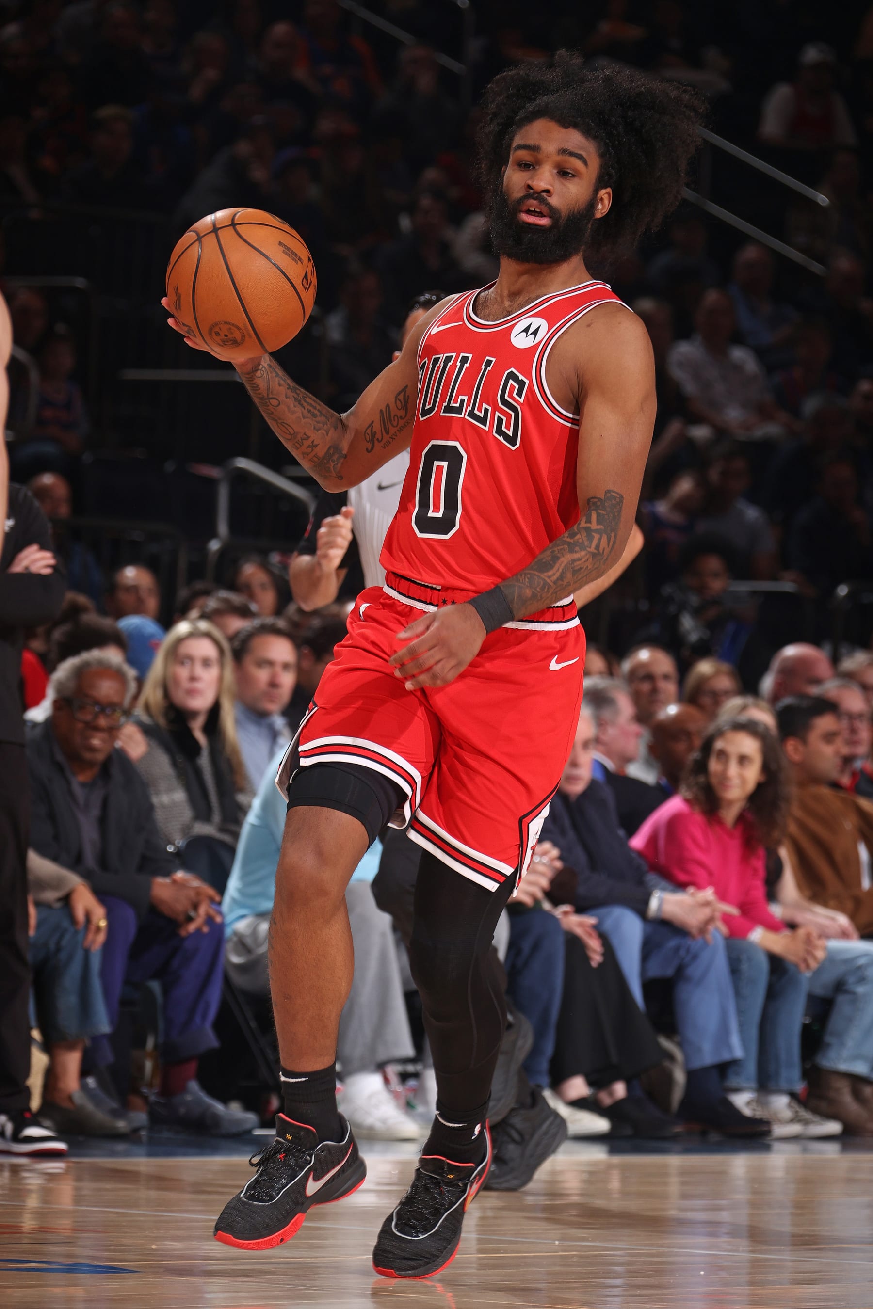 NEW YORK, NY - APRIL 14: Coby White #0 of the Chicago Bulls dribbles the ball during the game against the New York Knicks  on April 14, 2024 at Madison Square Garden in New York City, New York.  NOTE TO USER: User expressly acknowledges and agrees that, by downloading and or using this photograph, User is consenting to the terms and conditions of the Getty Images License Agreement. Mandatory Copyright Notice: Copyright 2024 NBAE  (Photo by Nathaniel S. Butler/NBAE via Getty Images)