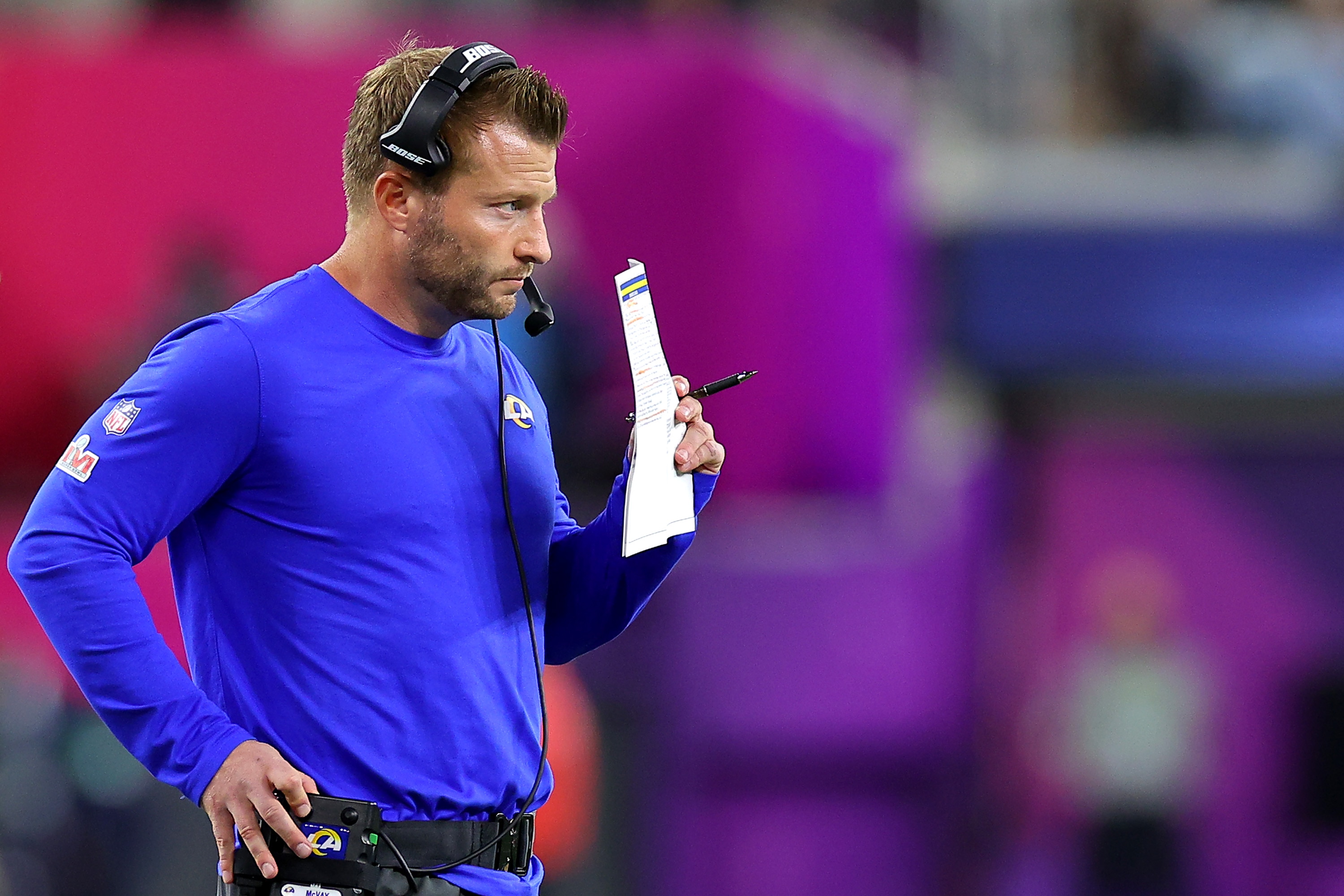 INGLEWOOD, CALIFORNIA - FEBRUARY 13: Head coach Sean McVay of the Los Angeles Rams looks on from the sidelines during the fourth quarter during Super Bowl LVI against the Cincinnati Bengals at SoFi Stadium on February 13, 2022 in Inglewood, California. (Photo by Kevin C. Cox/Getty Images)