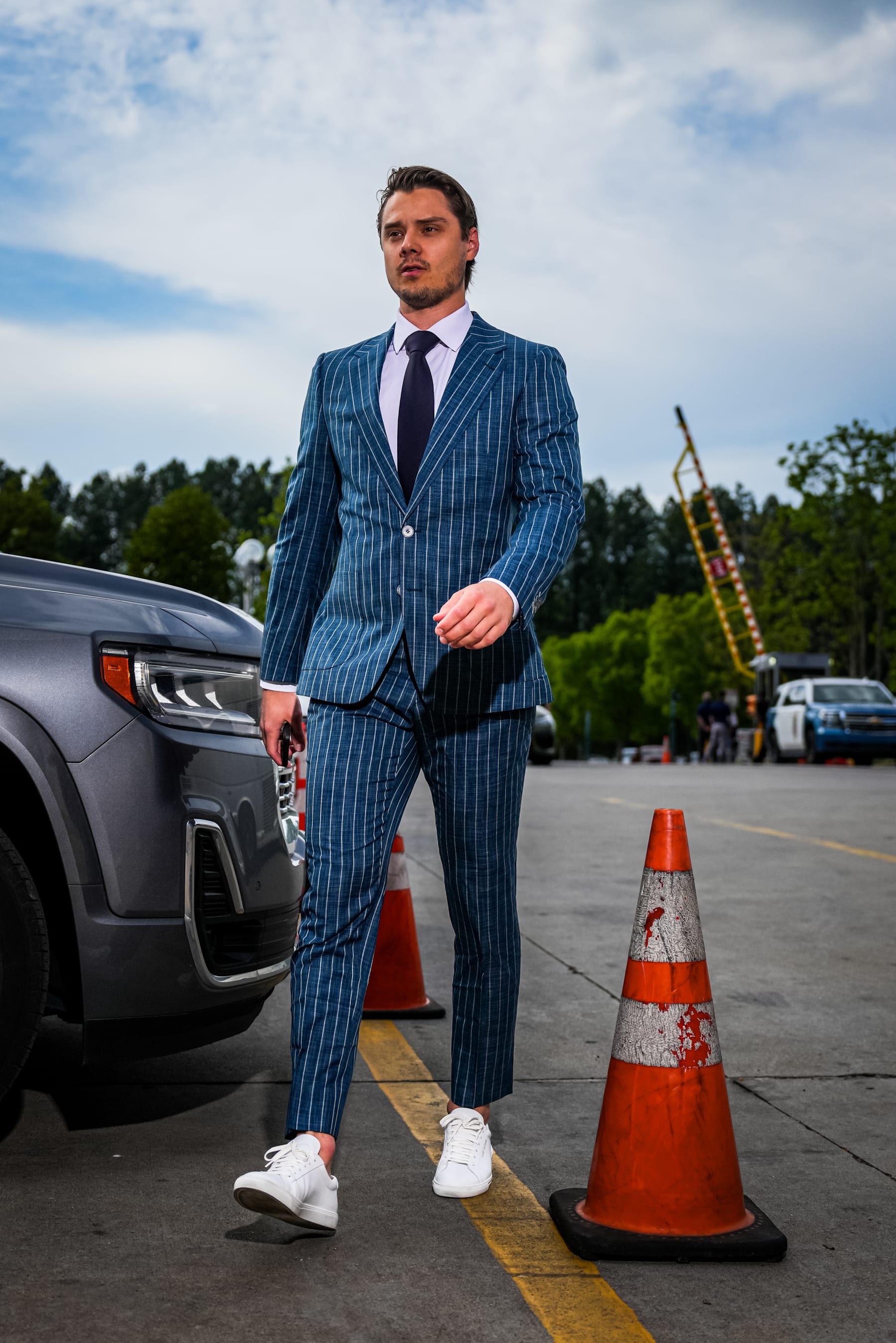 RALEIGH, NORTH CAROLINA - APRIL 30:  Sebastian Aho #20 of the Carolina Hurricanes arrives prior to Game Five of the First Round of the 2024 Stanley Cup Playoffs against the New York Islanders at PNC Arena on April 30, 2024 in Raleigh, North Carolina. (Photo by Josh Lavallee/NHLI via Getty Images)