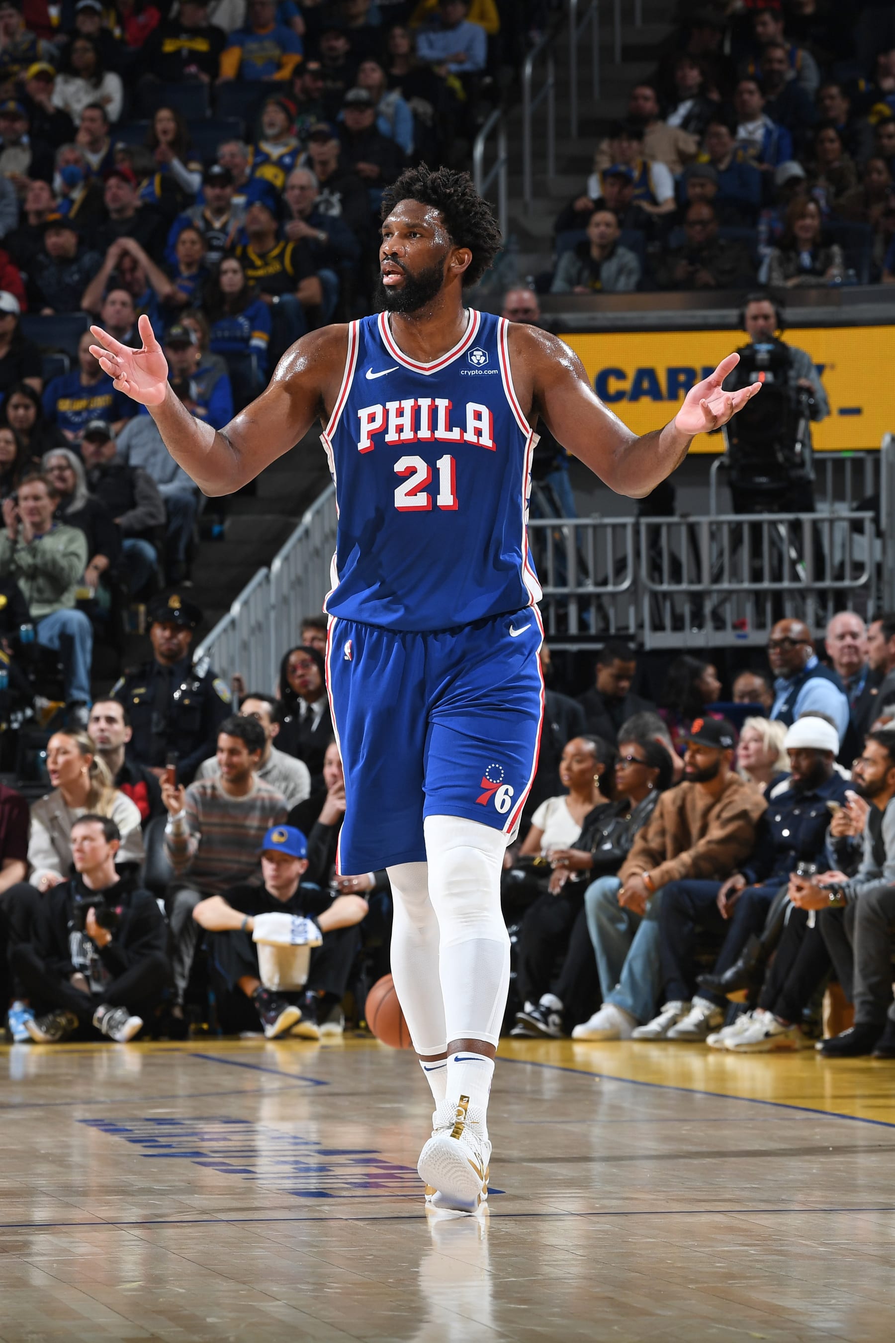 SAN FRANCISCO, CA - JANUARY 30:  Joel Embiid #21 of the Philadelphia 76ers reacts during the game against the Golden State Warriors on January 30, 2024 at Chase Center in San Francisco, California. NOTE TO USER: User expressly acknowledges and agrees that, by downloading and or using this photograph, user is consenting to the terms and conditions of Getty Images License Agreement. Mandatory Copyright Notice: Copyright 2024 NBAE (Photo by Noah Graham/NBAE via Getty Images)
