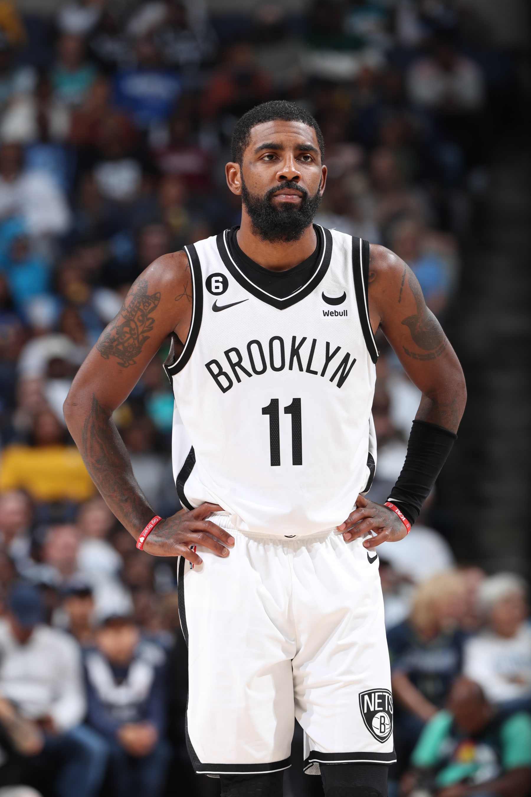 MEMPHIS, TN - OCTOBER 24: Kyrie Irving #11 of the Brooklyn Nets looks on during the game against the Memphis Grizzlies on October 24, 2022 at FedExForum in Memphis, Tennessee. NOTE TO USER: User expressly acknowledges and agrees that, by downloading and or using this photograph, User is consenting to the terms and conditions of the Getty Images License Agreement. Mandatory Copyright Notice: Copyright 2022 NBAE (Photo by Joe Murphy/NBAE via Getty Images)