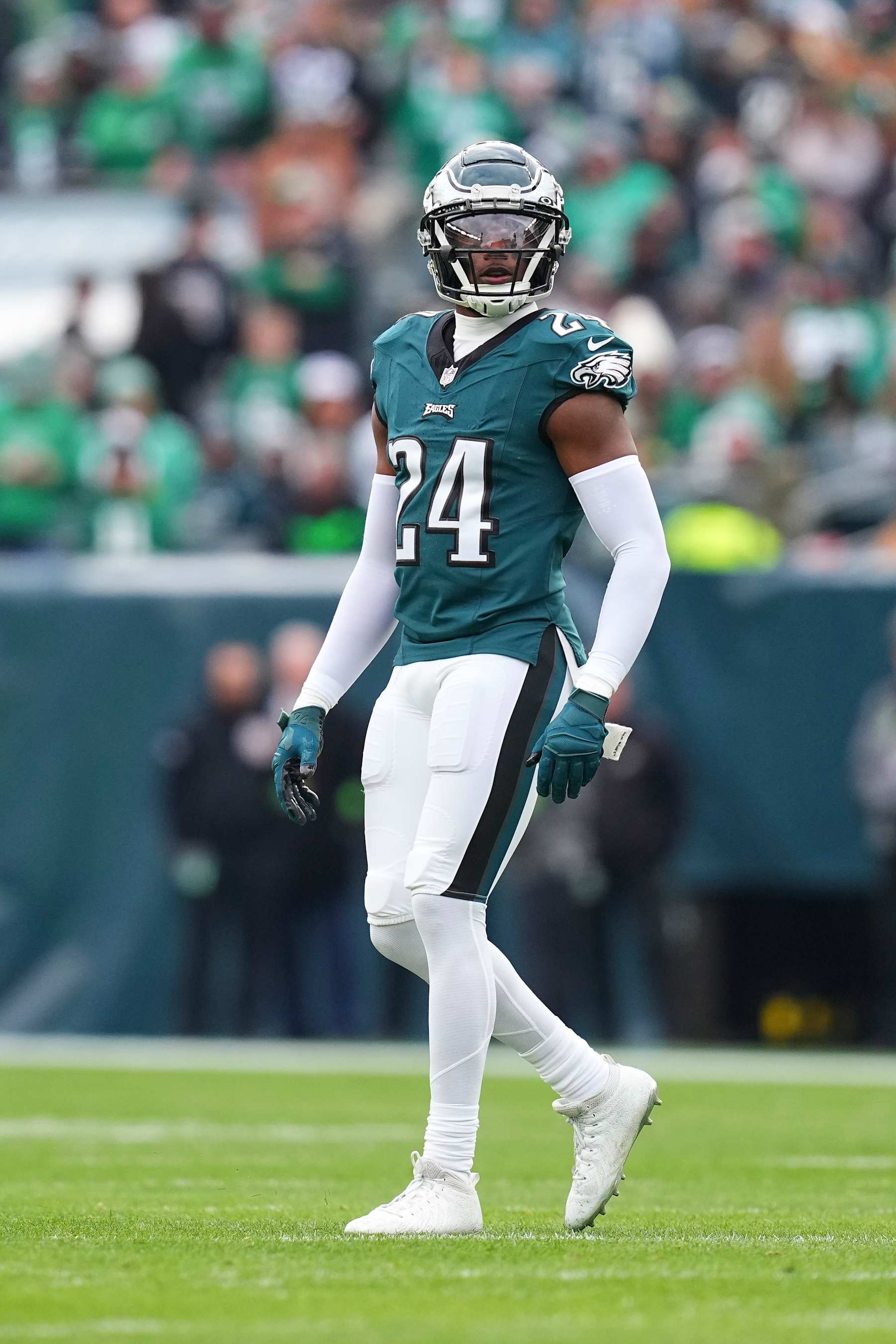 PHILADELPHIA, PENNSYLVANIA - DECEMBER 31: James Bradberry #24 of the Philadelphia Eagles looks on against the Arizona Cardinals at Lincoln Financial Field on December 31, 2023 in Philadelphia, Pennsylvania. (Photo by Mitchell Leff/Getty Images)