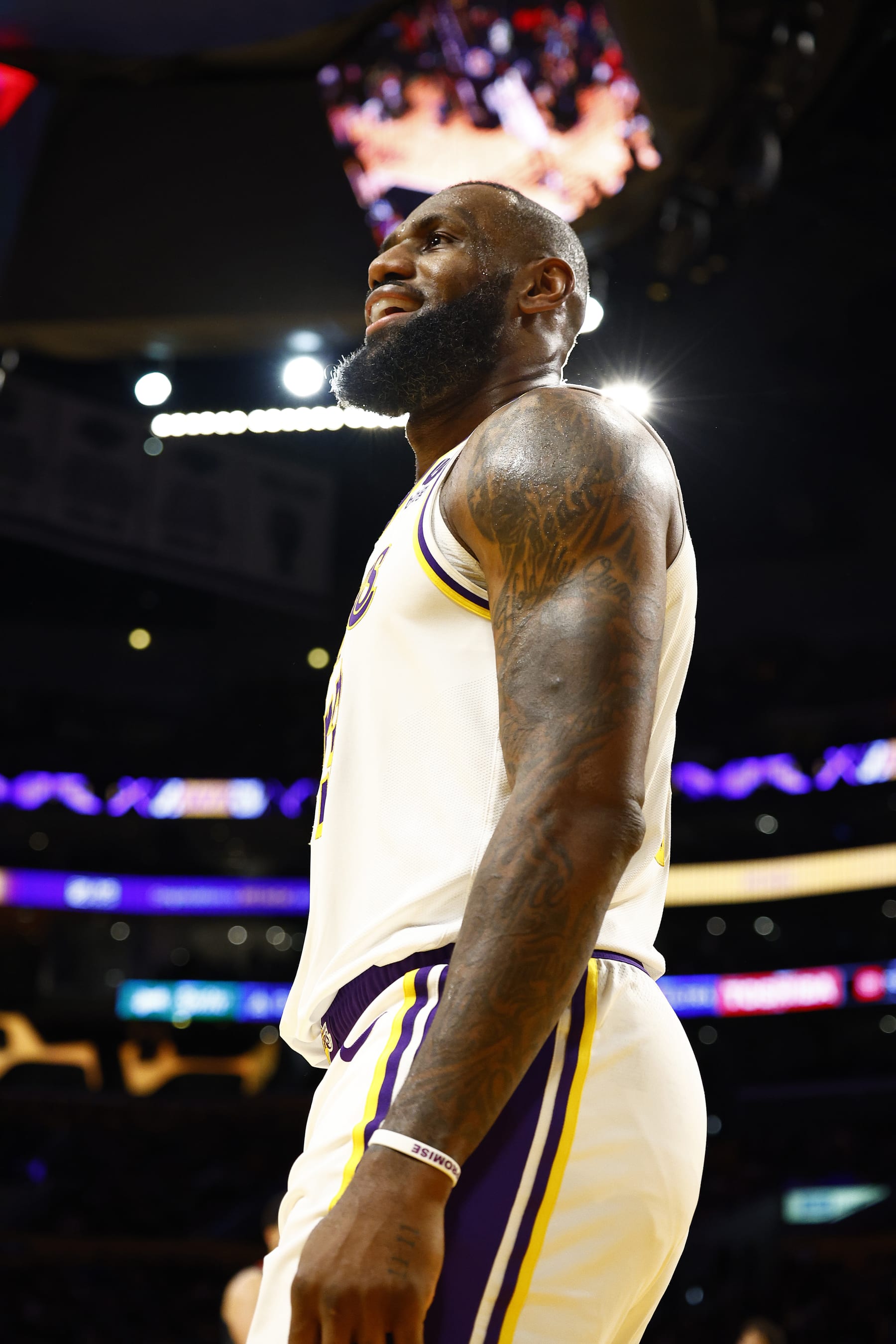 LOS ANGELES, CALIFORNIA - DECEMBER 02: LeBron James #23 of the Los Angeles Lakers reacts against the Houston Rockets in the first quarter at Crypto.com Arena on December 02, 2023 in Los Angeles, California.   NOTE TO USER: User expressly acknowledges and agrees that, by downloading and/or using this photograph, user is consenting to the terms and conditions of the Getty Images License Agreement. (Photo by Ronald Martinez/Getty Images)