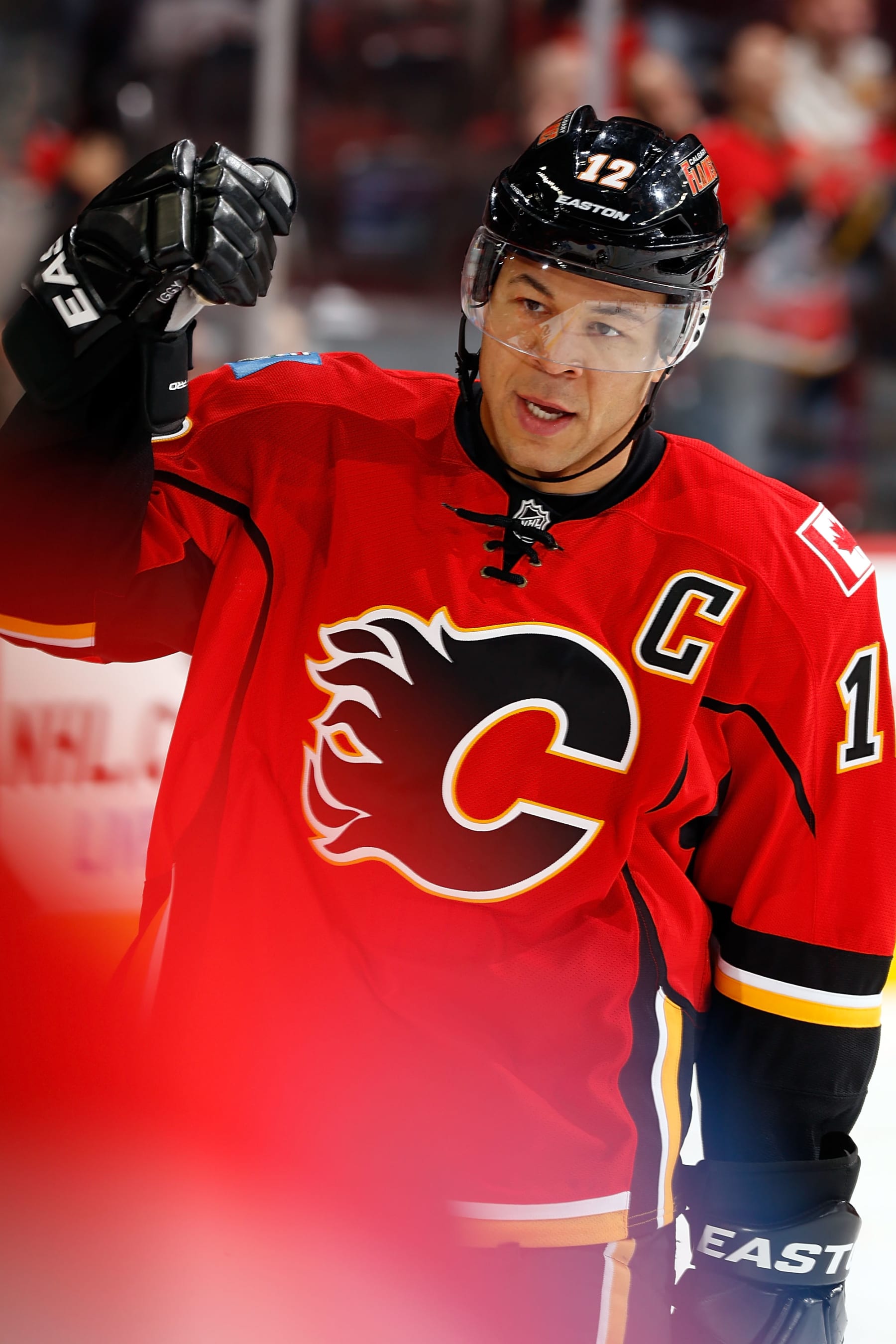 CALGARY, CANADA - MARCH 15: Jarome Iginla #12 of the Calgary Flames celebrates a goal against the Nashville Predators on March 15, 2013 at the Scotiabank Saddledome in Calgary, Alberta, Canada. (Photo by Gerry Thomas/NHLI via Getty Images)